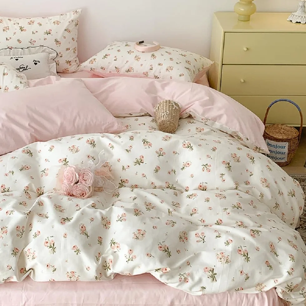 Lanqinglv Ropa de cama de 200 x 220 cm, color rosa y blanco con flores y hojas, reversible, para alérgicos, juego de ropa de cama Aesthetic ÖKO-TEX con funda nórdica con cremallera y 2 fundas de