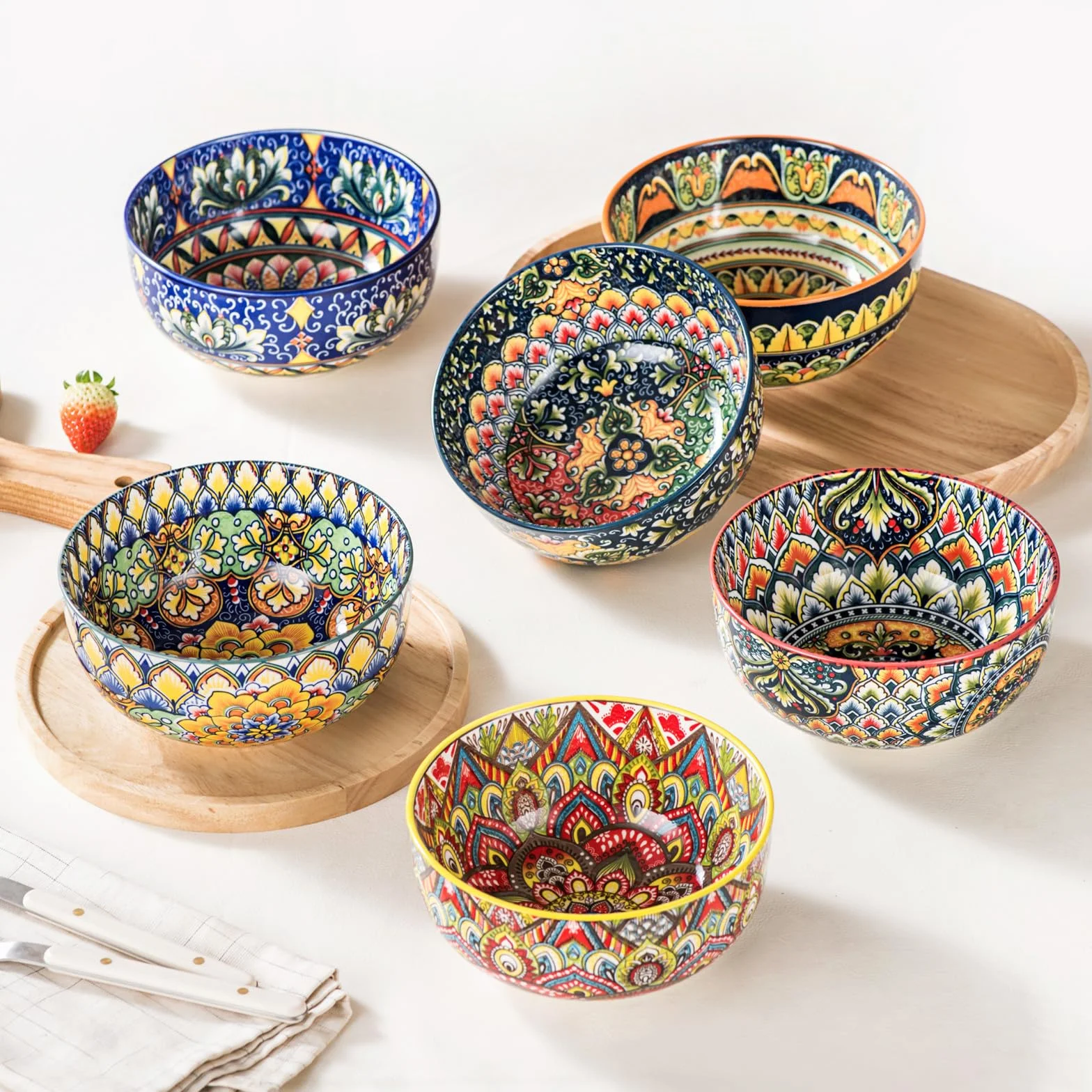 Henten Home Cuencos de Porcelana, 830ml Platos para Ensalada, Juego de Ensaladera Grande, Tazón de Frutas, Apto para Lavavajillas e Microondas, Estilo bohemio