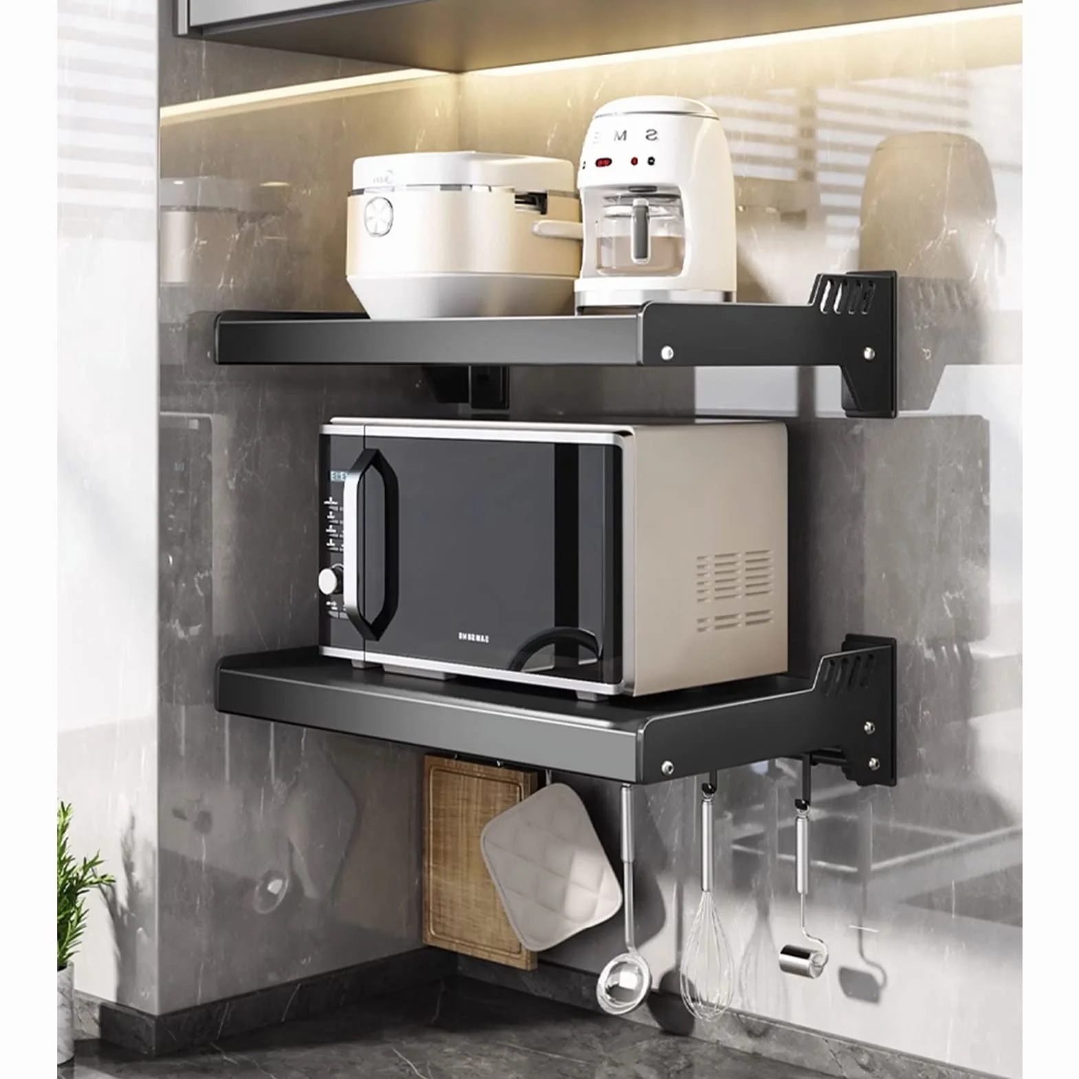 Estante para horno microondas montado en la pared, estante que ahorra espacio para horno eléctrico y microondas | Solución de almacenamiento conveniente
