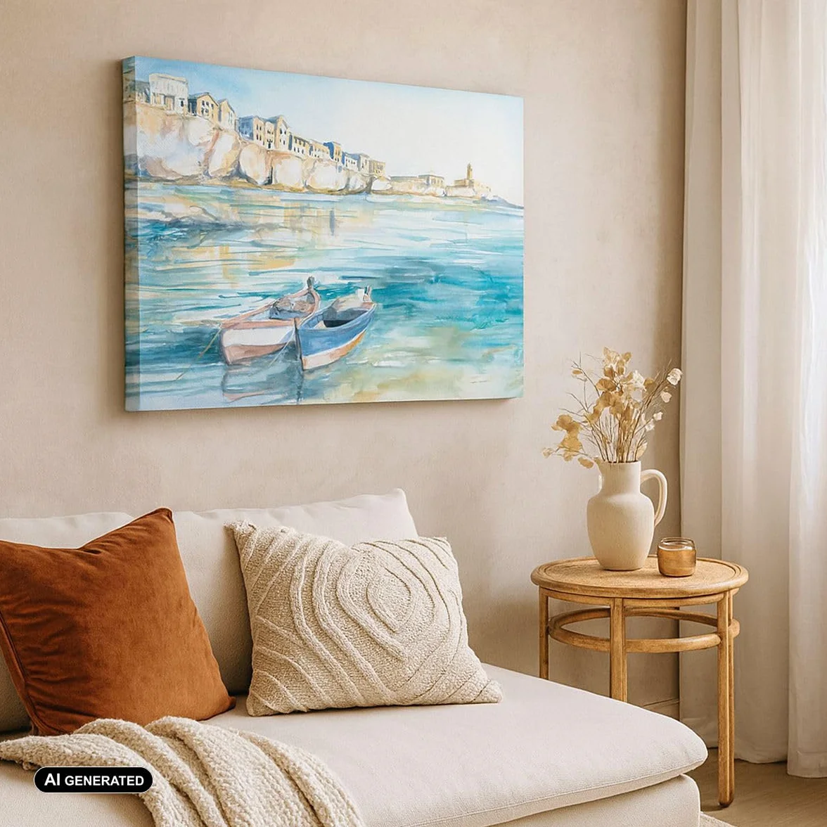 Lienzo Decorativo 120x80cm Moderno Horizontal Arquitectura Paisajes - 5193 | Paisaje Mar Barco Cuadro sobre Lienzo Grande Arte mural Decoración del Hogar Salón Dormitorio Cocina Oficina Cuadros de Pared