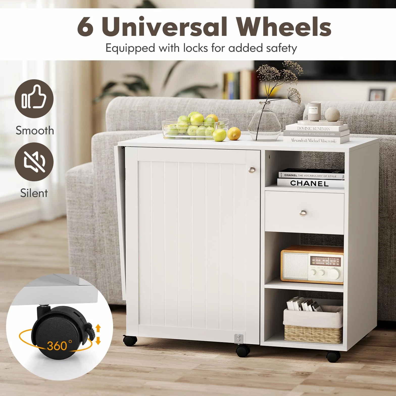 GIANTEX Armario de Costura Plegable con 6 Ruedas, Mesa de Coser con Estantes, Cajón y Soportes para Carretes de Hilo, Mesa Multiusos 2 en 1 para Dormitorio, Salón y Estudio, Blanco