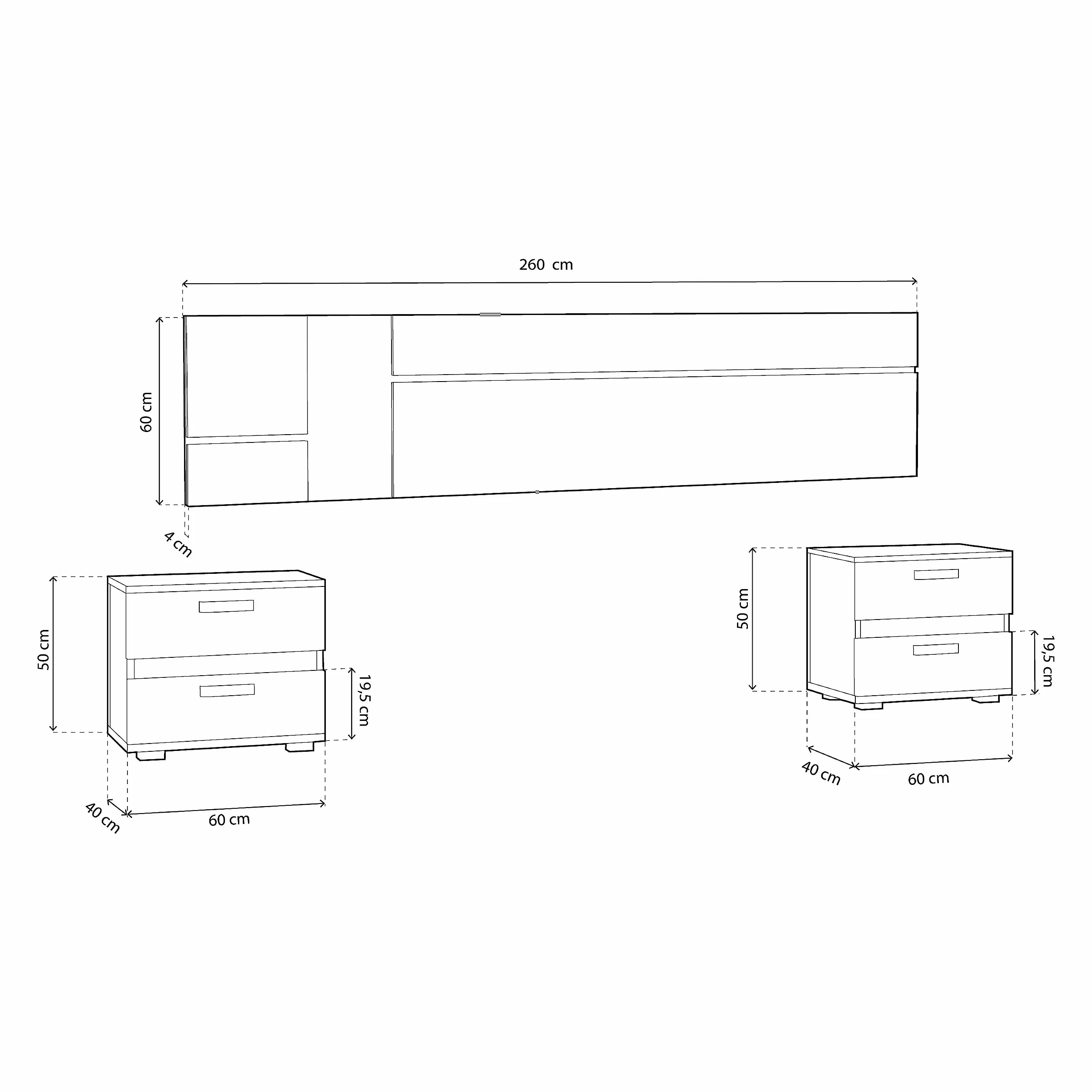 duehome | Pack Cabecero con Leds y 2 Mesitas de Noche, Dormitorio Doble, Dormitorio Completo, Modelo Ataneq Air, Acabado en Blanco y Grafito