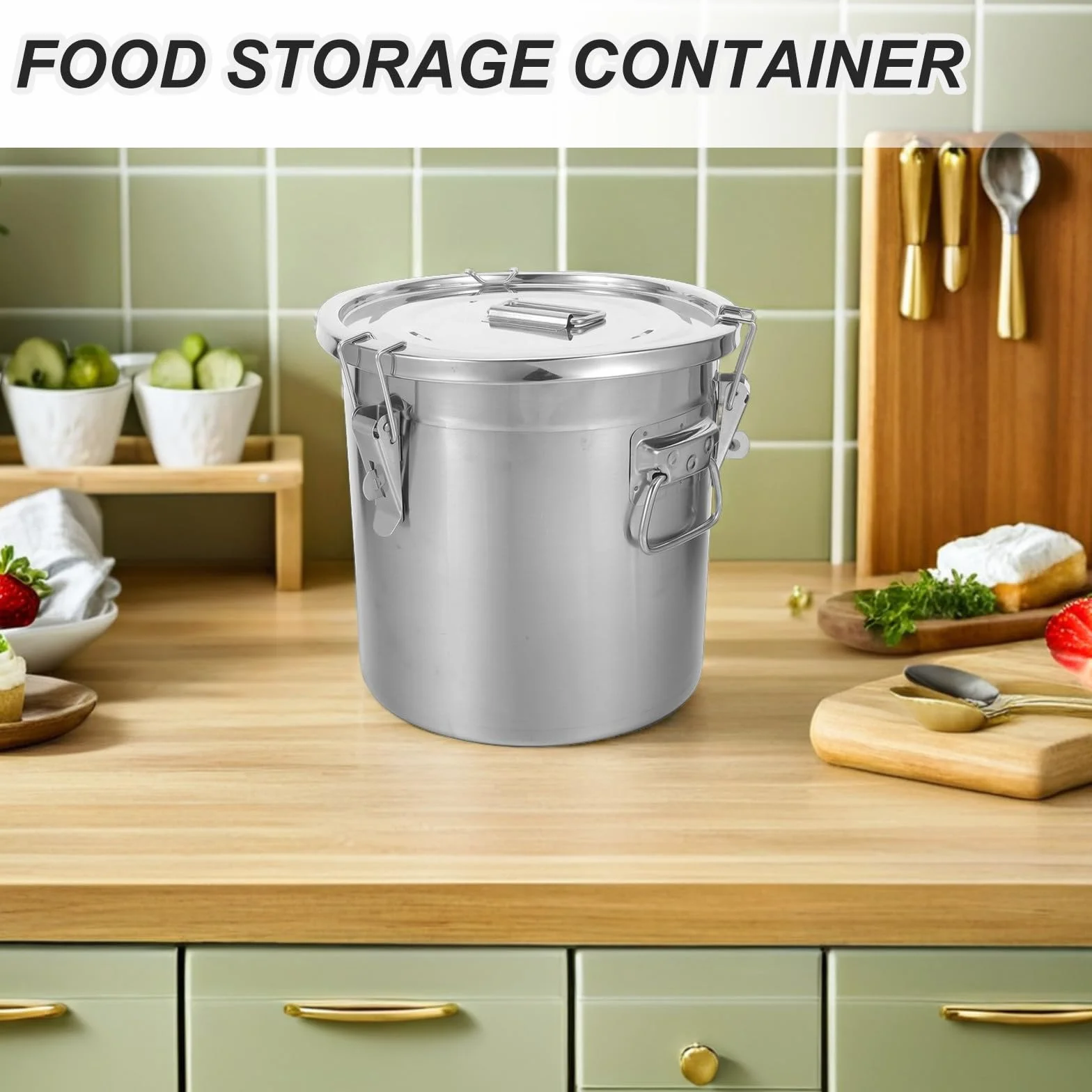 Recipientes de acero inoxidable para almacenar alimentos con tapa y cierre, tarro de almacenamiento hermético de 12 L/3,2 galones para arroz, harina, granos, legumbres, cereales, despensa y