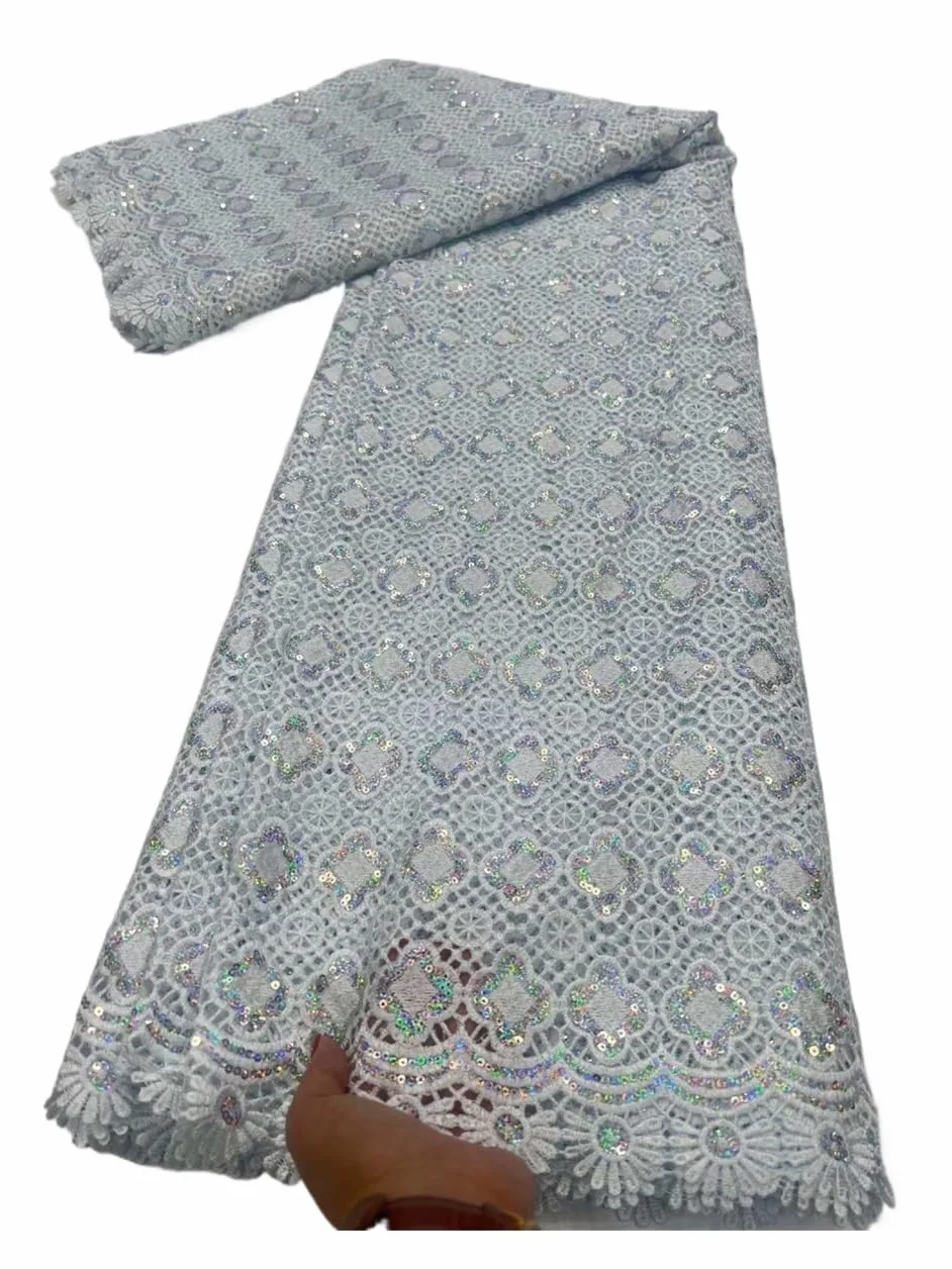 Tela de encaje guipur con lentejuelas, material vestido bordado, 5 yardas | Malla de guipur de poliéster, artesanía hueca de lentejuelas holográficas, tela de 120cm de ancho(White)