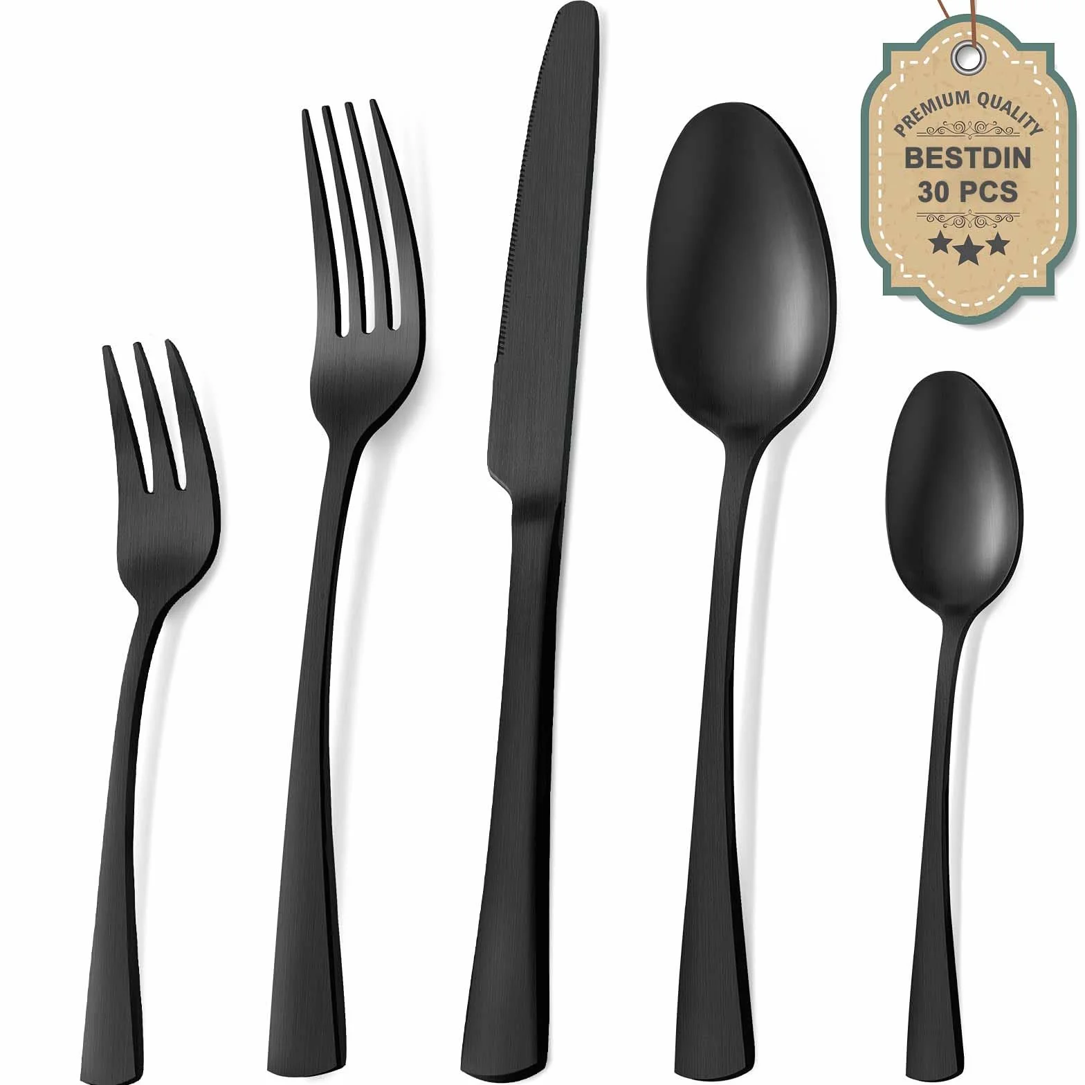 Bestdin Juego de cubiertos 30 piezas, set de cubiertos negro mate para 6 personas, cubiertos de acero inoxidable pulido a espejo, juego de cuchillo, tenedor, cuchara, apto para lavavajillas