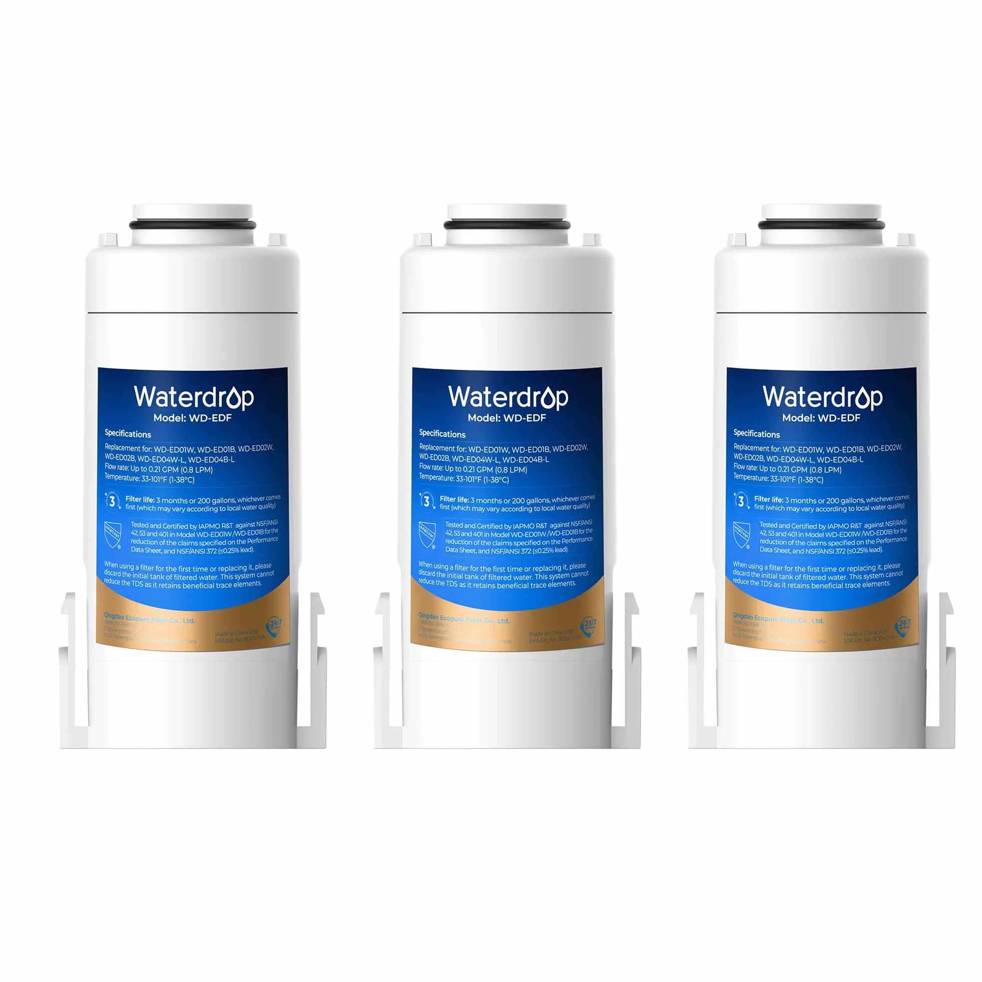 Waterdrop WD-EDF Filtros de repuesto para todas las jarras de filtro de agua instantáneas Waterdrop WD-ED01W, WD-ED01B, duran hasta 3 meses o 757 litros (paquete de 3)
