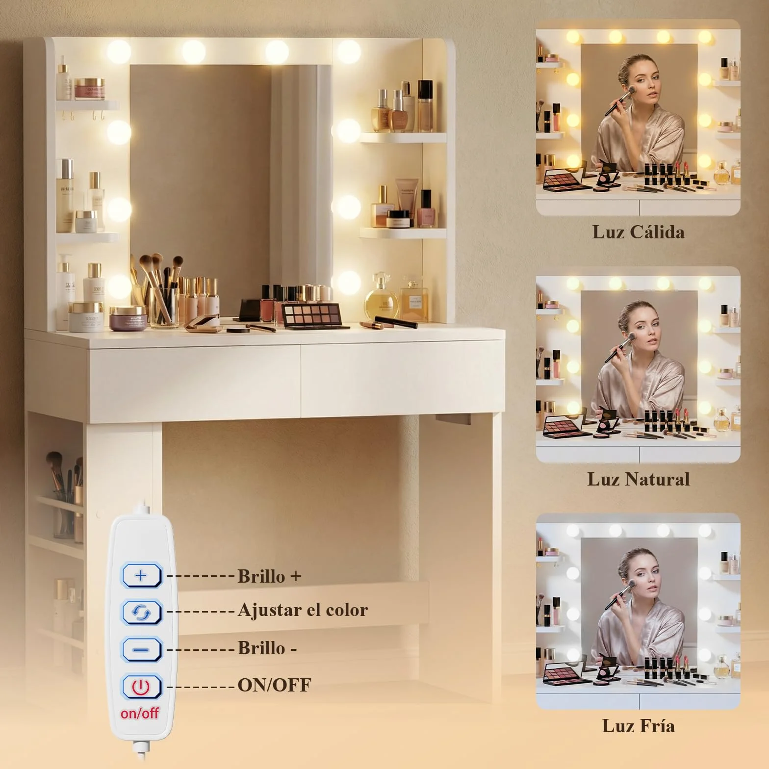 Devoko Tocador de Maquillaje con Luces LED,Brillo Ajustable,Tocador con Espejo,2 Cajones, Enchufe Eléctrico y Almacenamiento Lateral Abierto para Muebles de Dormitorio (Blanco)