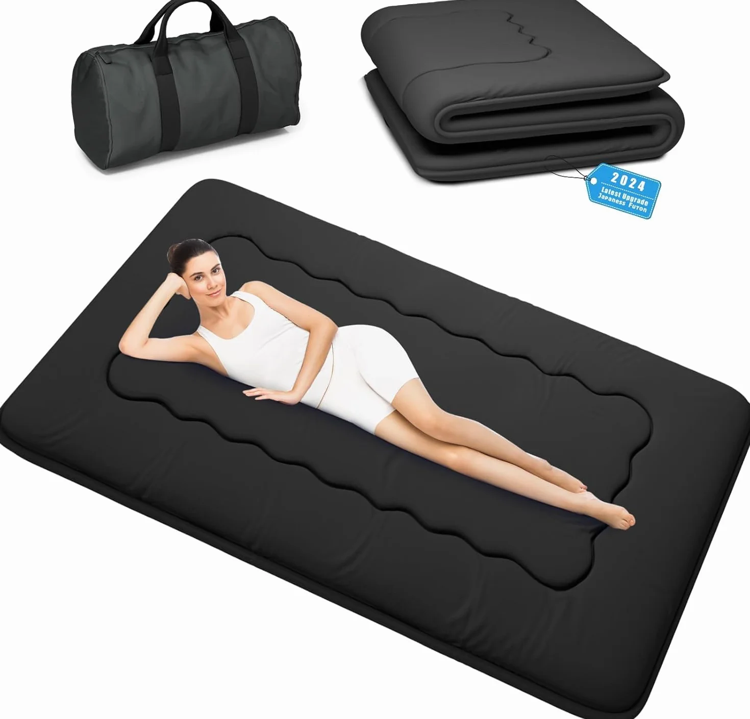 Kiseely Colchón de futón japonés, tapete de tatami plegable portátil con bolsa y correa, colchón enrollable para dormir grueso en el suelo (negro VB1, 90 x 200 cm)