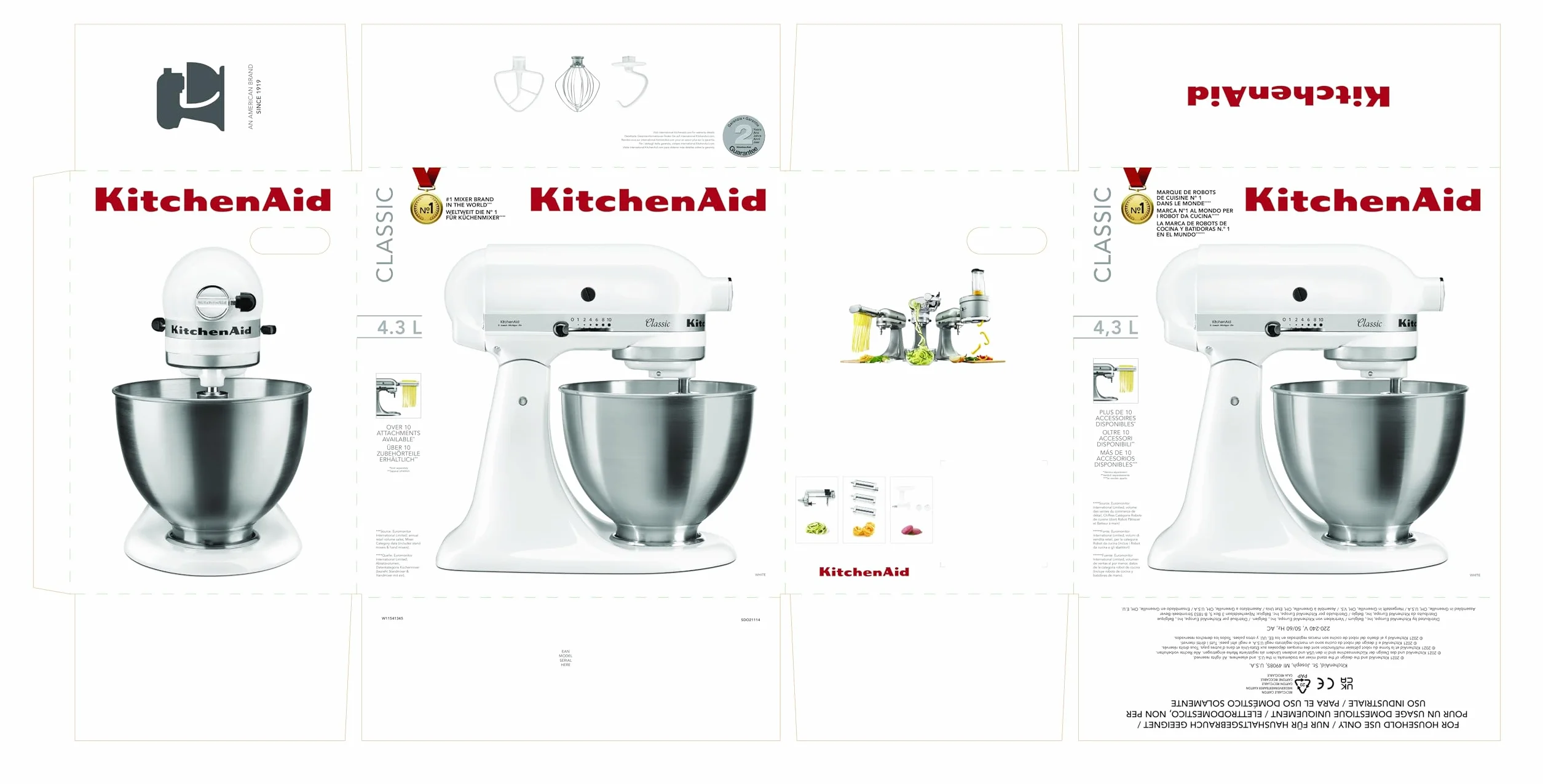 Kitchenaid 5K45SSEWH Serie Classic - Batidora amasadora multifunción, color blanco