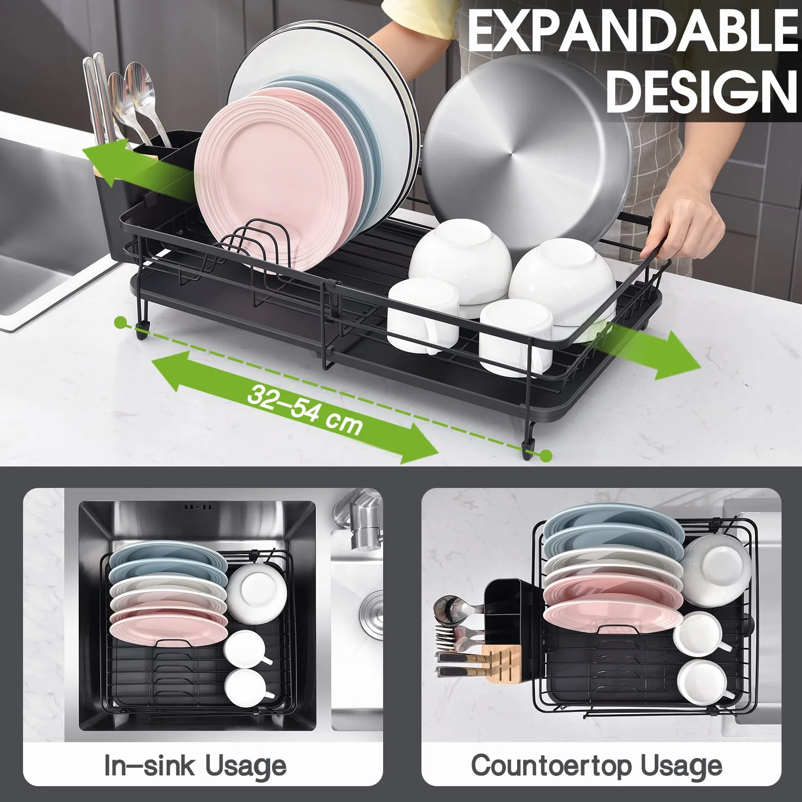 KINGRACK Escurreplatos Extensible de Gran Capacidad con Soporte para Cubiertos Extraíble, Negro