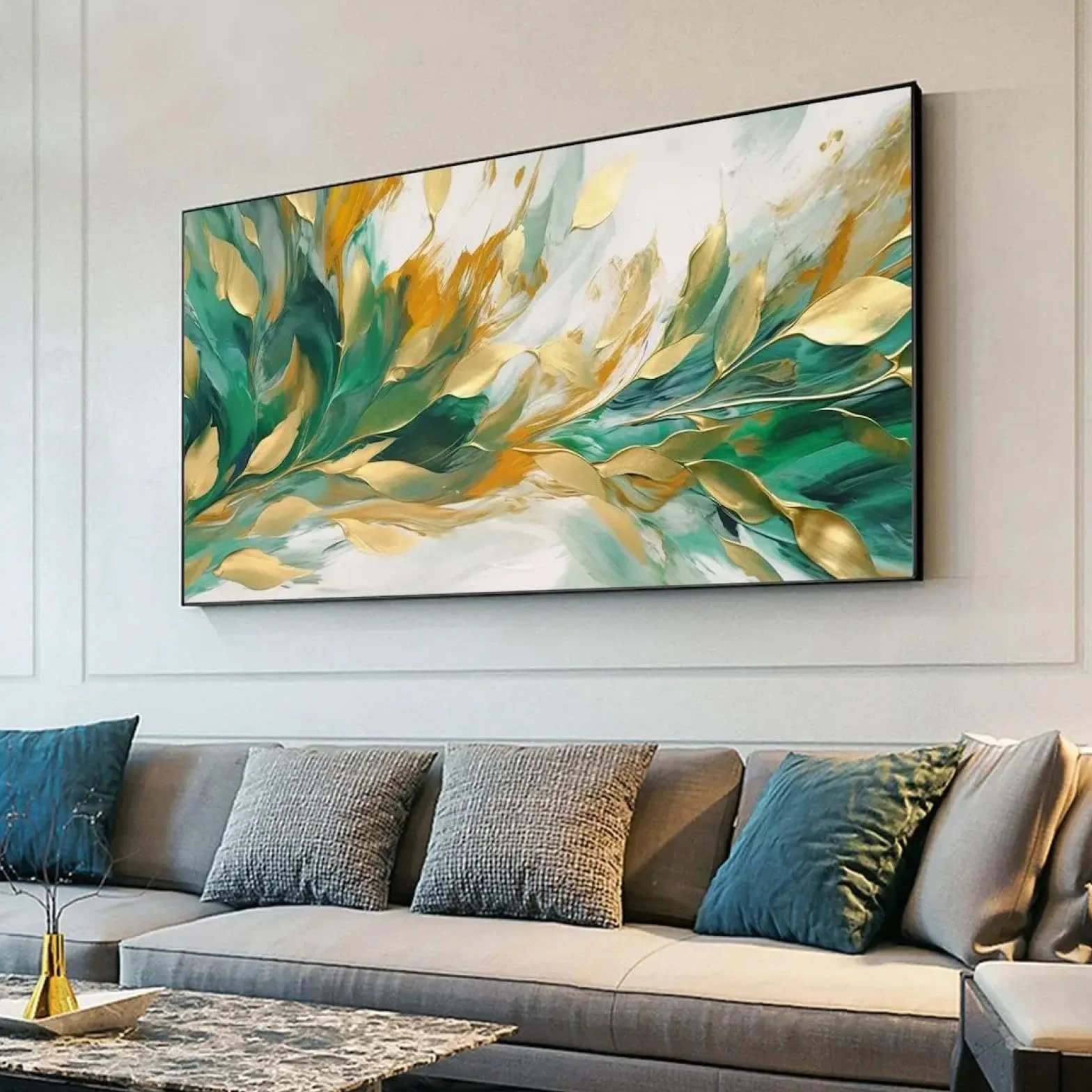 Cuadro abstracto de hojas modernas grandes sobre lienzo, decoración artística dorada, planta verde, pintado a mano, arte de pared para sala de estar, 70 x 140 cm (28 x 55 pulgadas), con marco dorado.