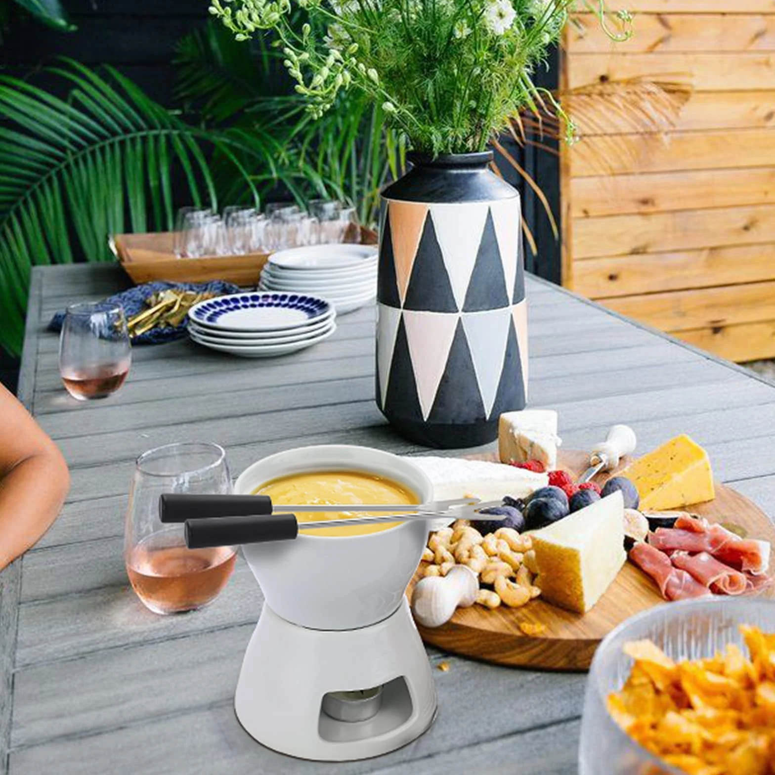 Juego de Fondue de Chocolate 400ML con 4 Tenedores, Cerámica Fundidor de Queso