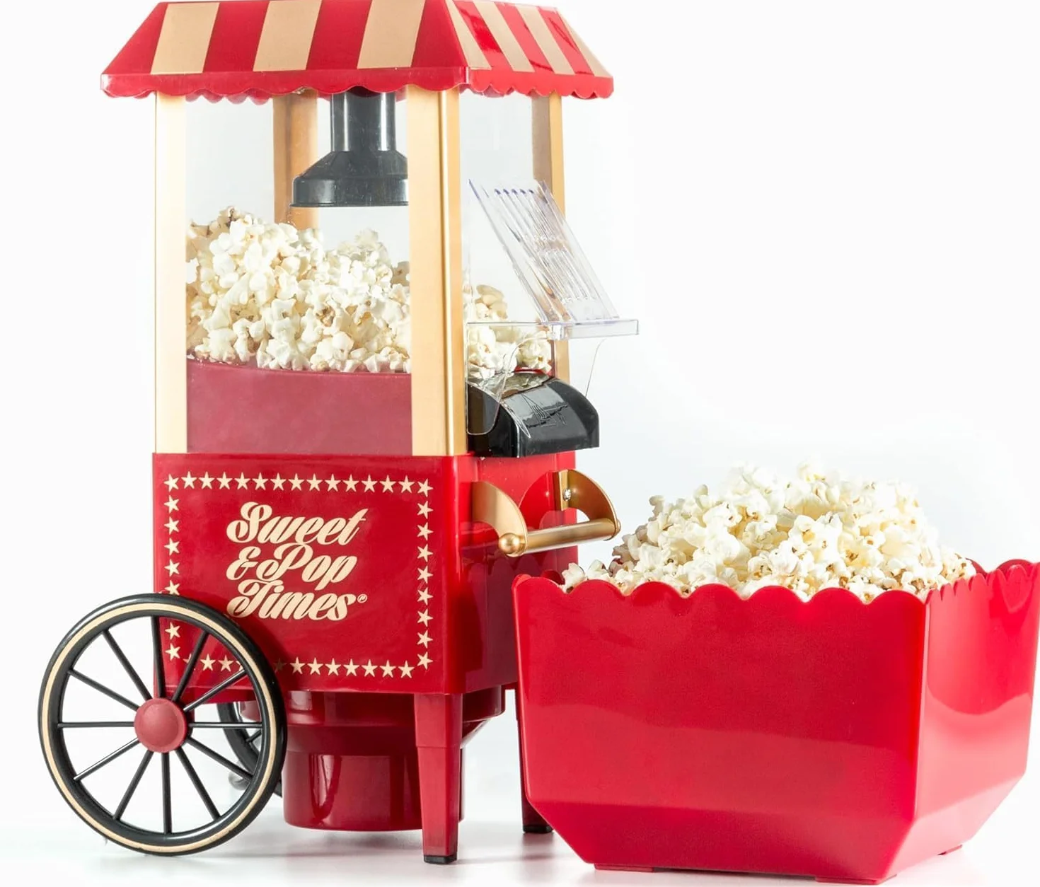 Máquina de palomitas de maíz para casa, aire caliente, 1200 W, rojo vintage, sin aceite, dosificador y contenedor incluido, palomitas de maíz rápidas para cine en casa