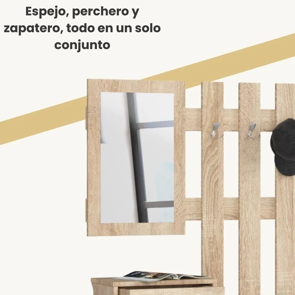 AKORD | Conjunto de Zapatero y Perchero | Zapatero con 1 Compartimento y 1 nicho con 1 cajón 90 x 70 x 25 cm | Pared con Espejo 90 x 100 cm | Set Completo de Entrada | Peso 39 kg | Roble Sonoma