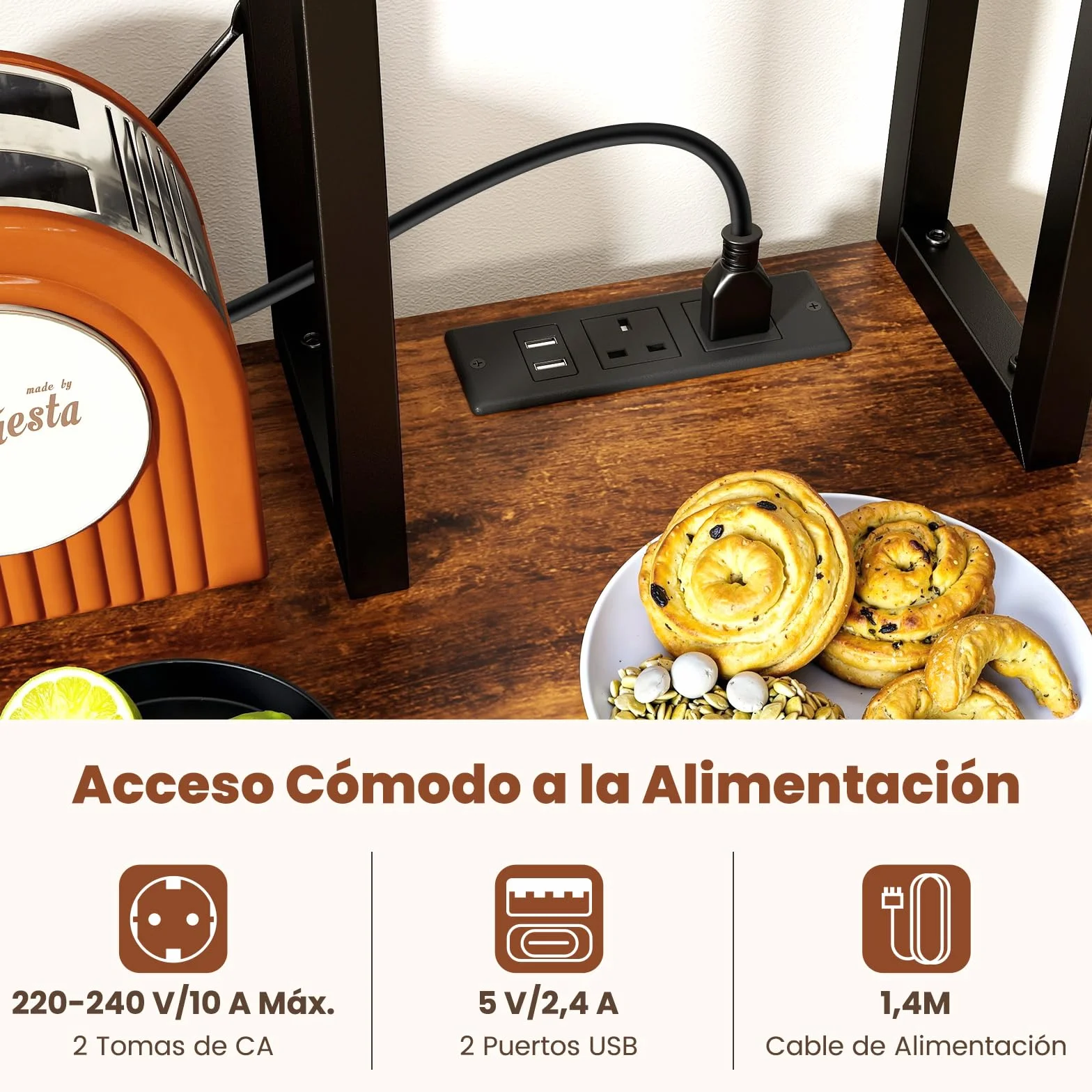 COSTWAY Estantería de Cocina, Armario de Cocina, Mueble para Microondas de 6 Niveles con Estantes Abiertos de Madera, Ganchos y Cesta, Marco Metálico, Organizador Almacenaje Cocina para Aparatos