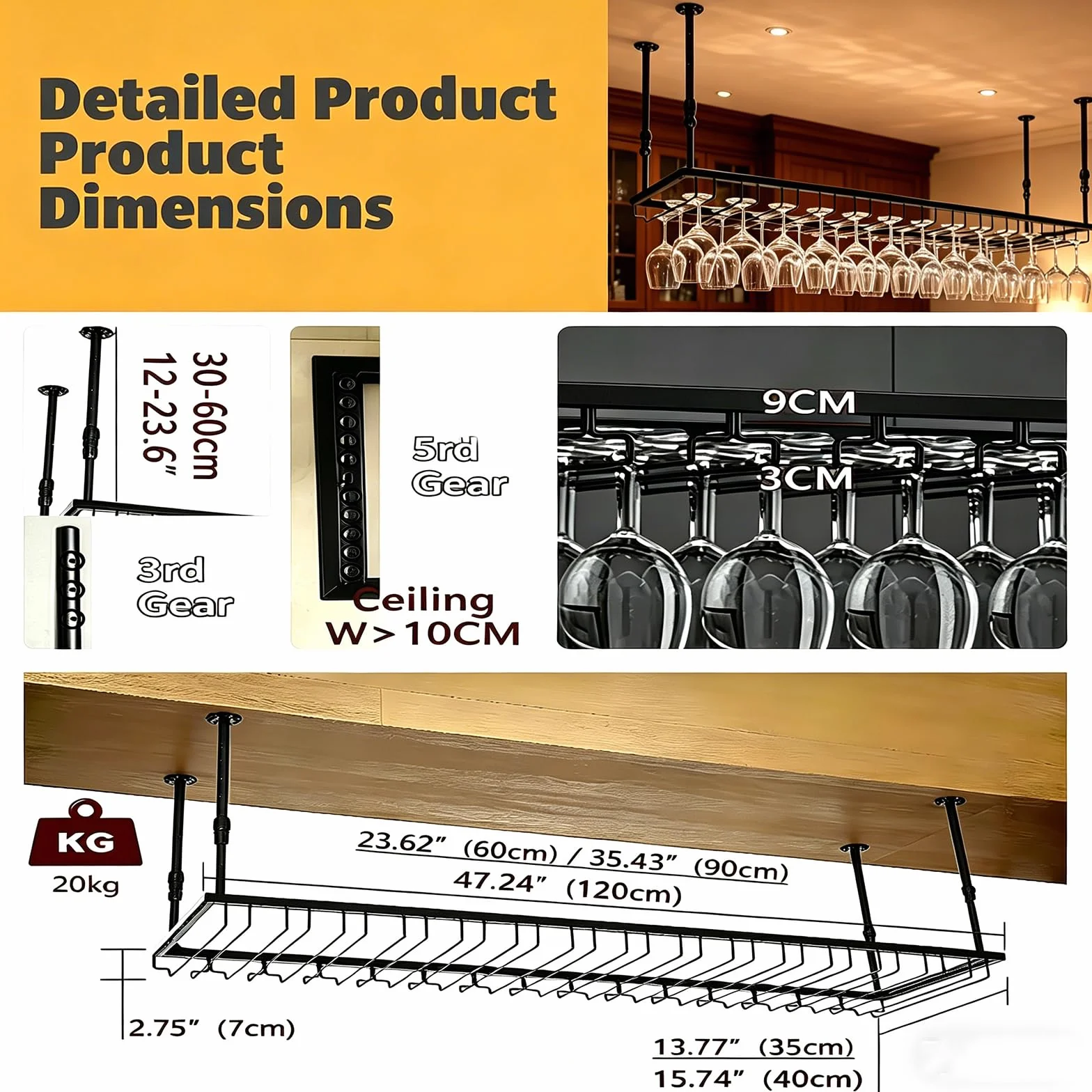 Soporte para Copas de Vino Colgante de Techo de Metal, Altura Ajustable Estilo Industrial – Colgador de Copas y Botellero para Bar, Café, Cocina y Club (Negro, 121cm)
