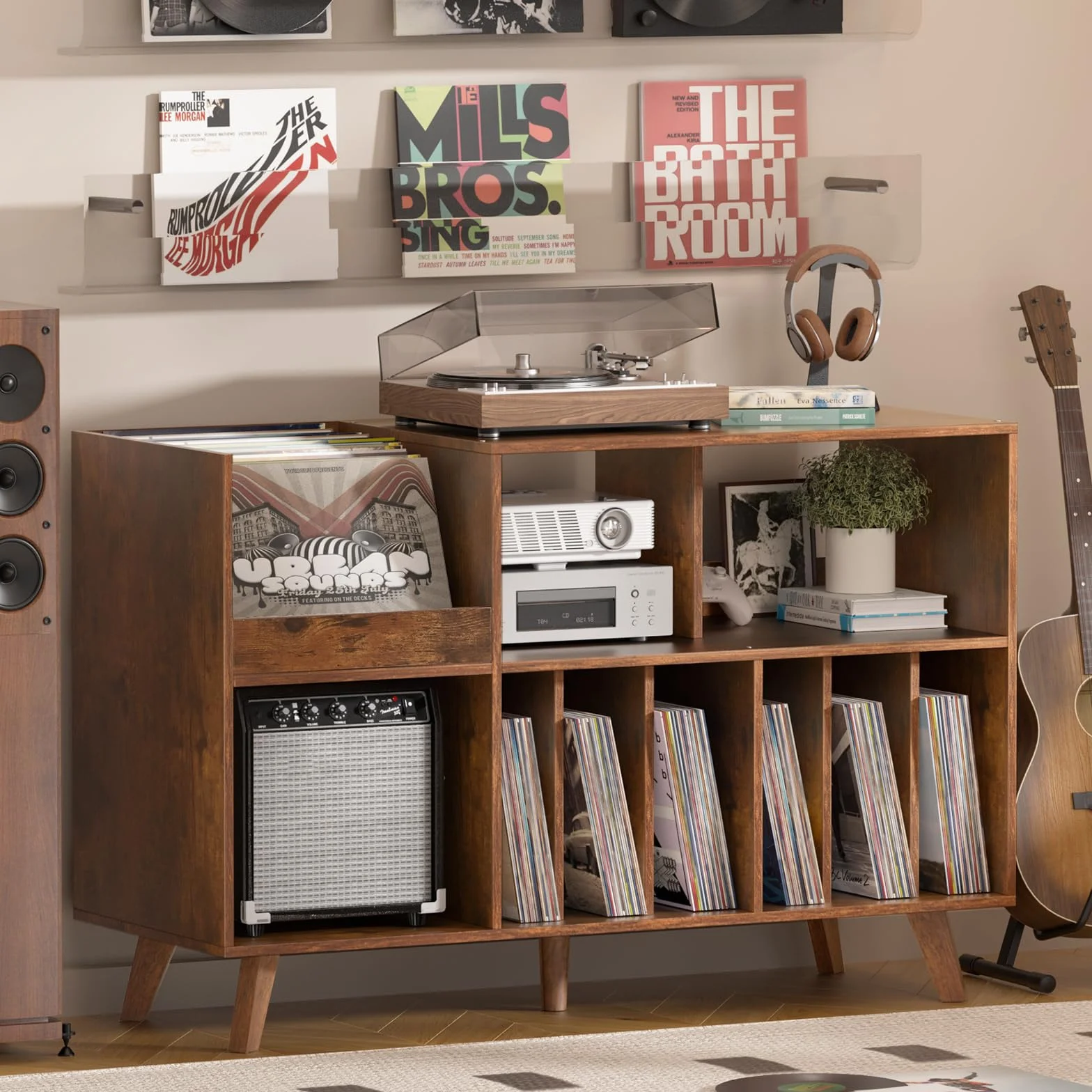 LELELINKY Soporte grande para tocadiscos, soporte giratorio con almacenamiento, soporte de vinilo con área de exhibición, mesa de tocadiscos con capacidad para hasta 450 álbumes, soporte para discos