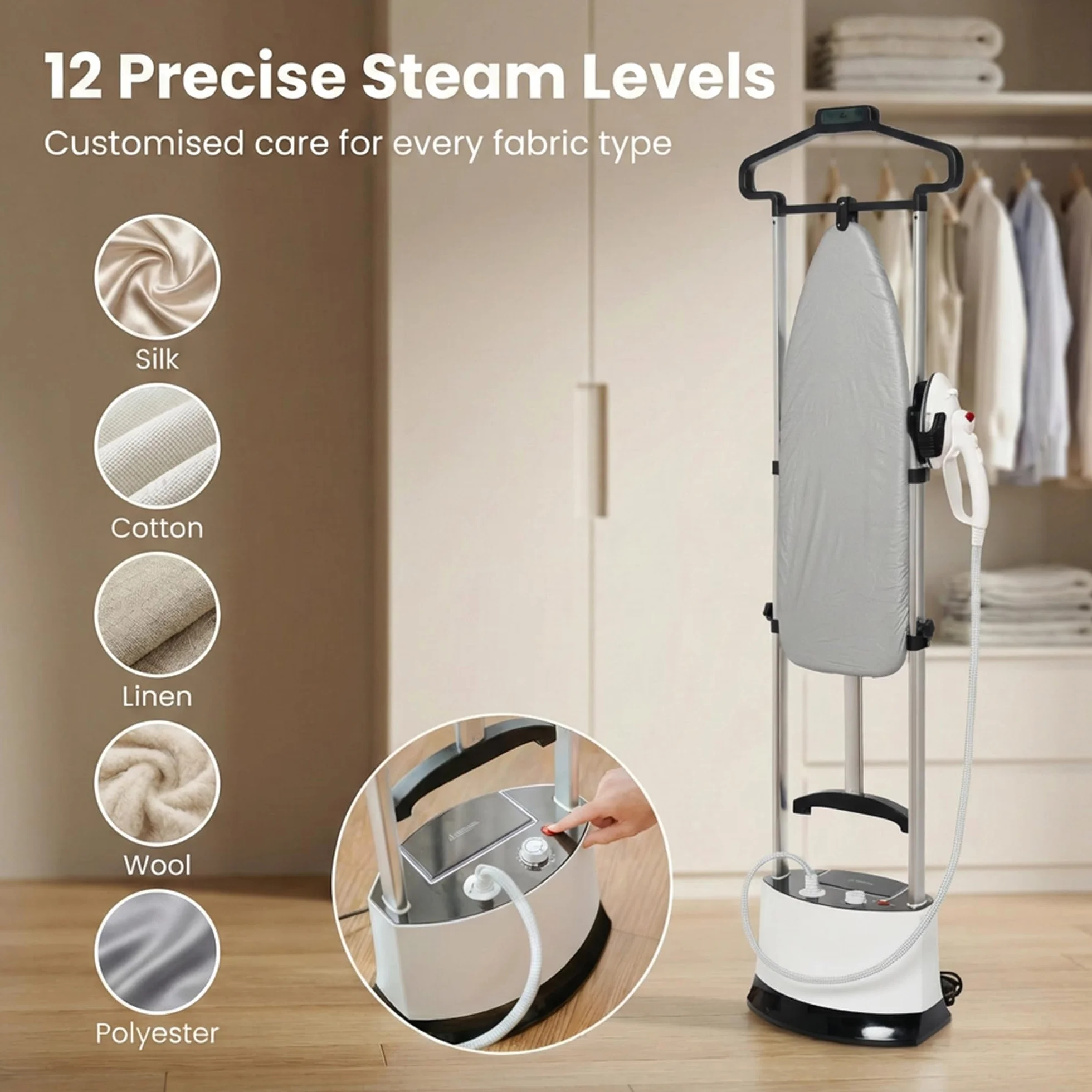 Plancha Vertical Vapor Profesional: Potencia 1400W Presión 6 Bar 12 Niveles de Temperatura Tabla de Planchar Plegable Depósito de Agua 1.6L para Hogar Hotel Familia Negocios