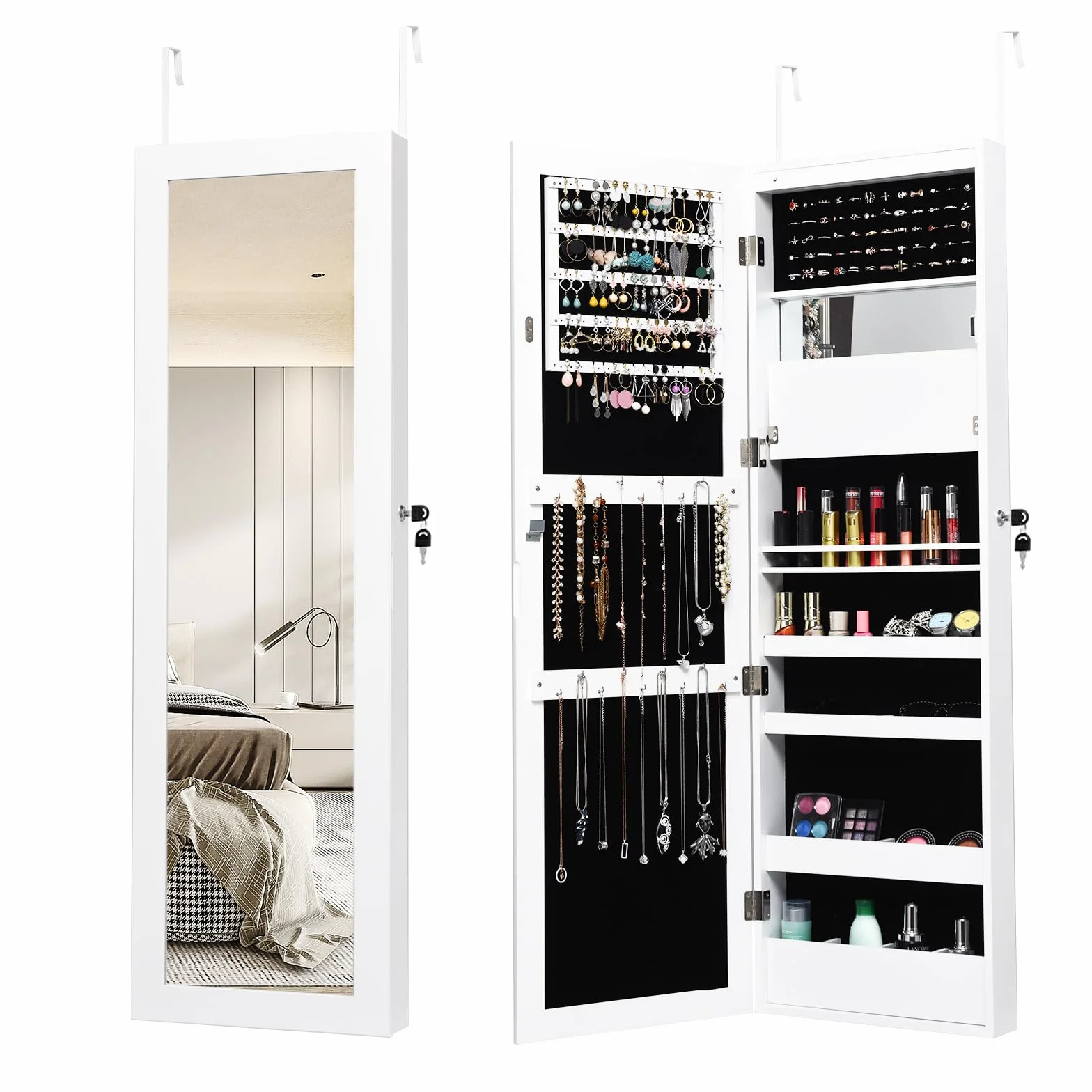 HOMASIS Armario para joyas de pared y puerta, joyero con espejo de cuerpo entero, espejo de maquillaje y 12 LED y cerradura, con ganchos para cadenas y pendientes, 120x37x9cm (Blanco)