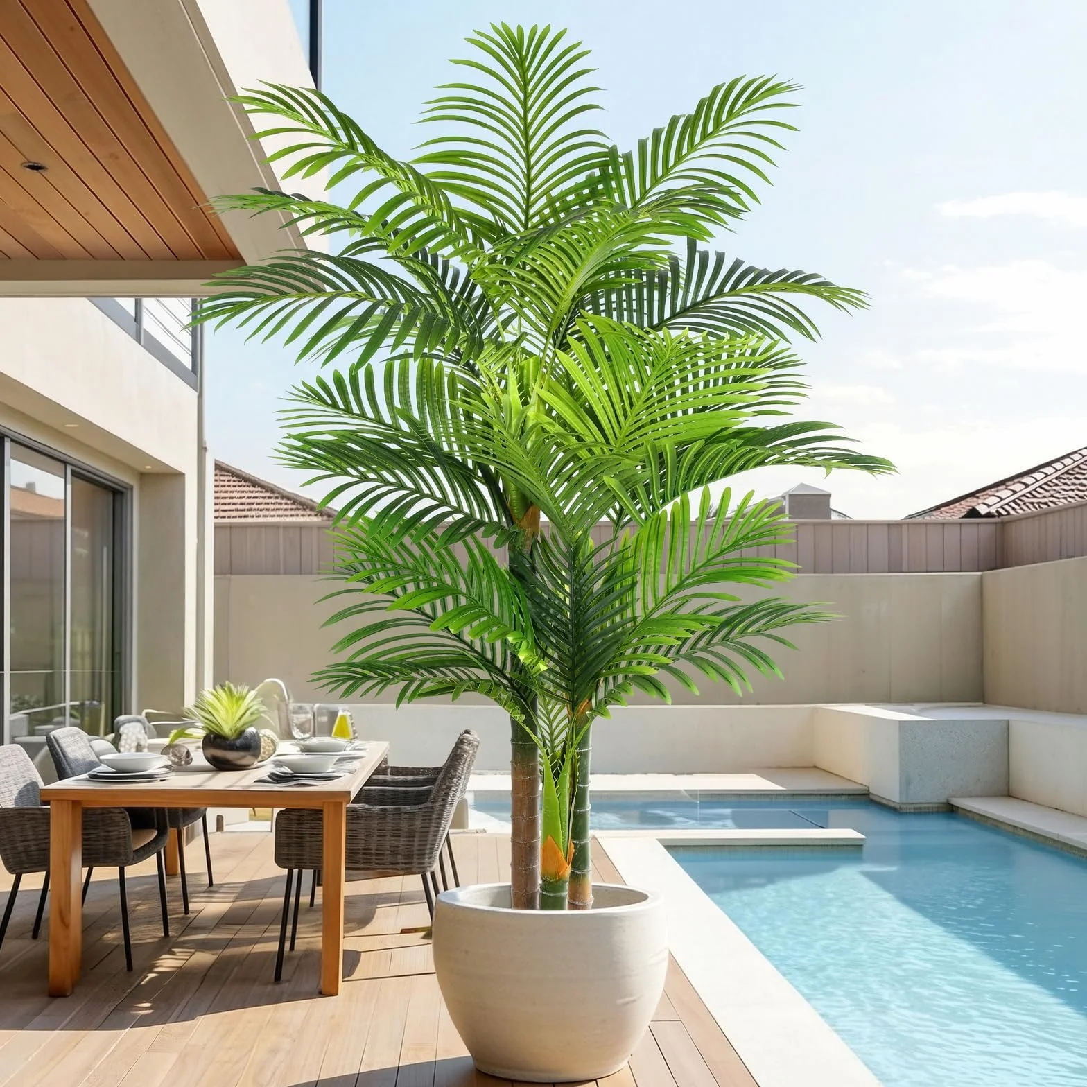 Palmera Artificial Triple Dorado 180cm, Planta Artificial Exterior Grande, arbol Artificial Interior o Exterior Alta para Patio Junto a la Piscina Césped Oficina Salón Balcón Jardín (1Pack)