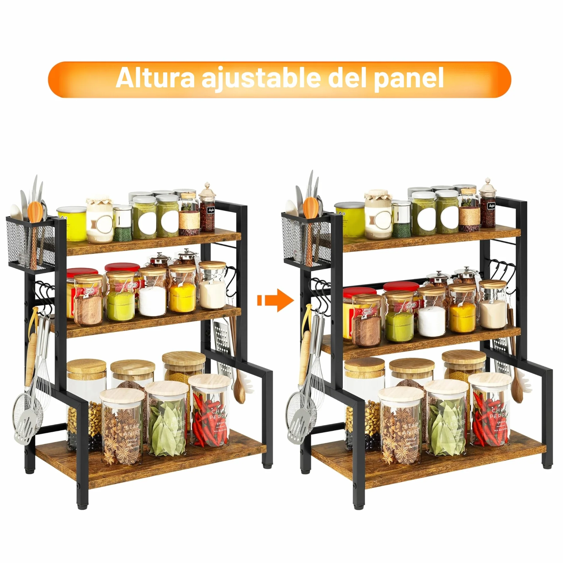 YMYNY Estante para Especias con Cesta Metálica, Estante de Encimera para Armario, Organizador con 6 Ganchos, Soportes para Botes de Especias, Para Cocina, Baño, 43 x 24 x 53CM Marrón Rústico HSR006H