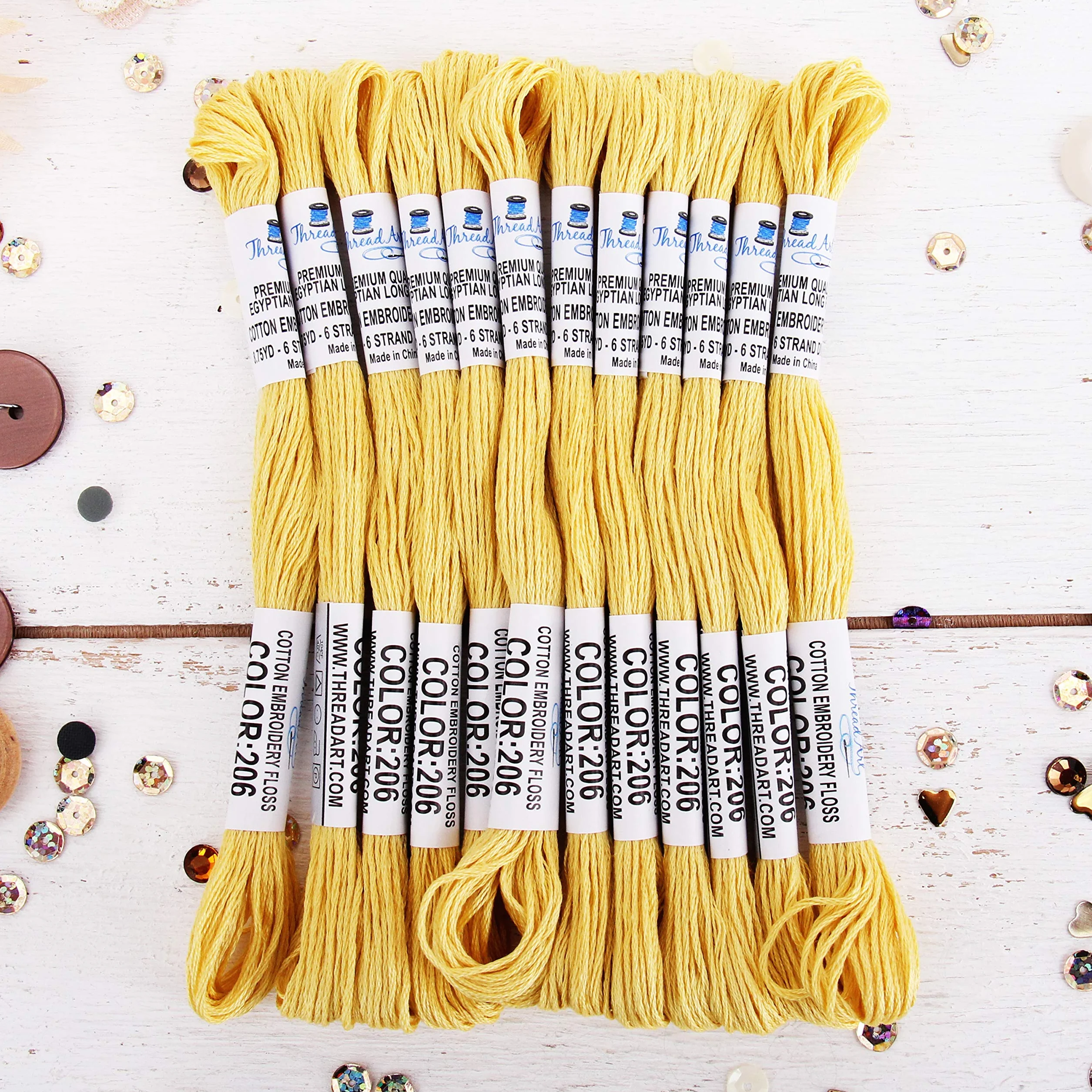 Hilo de bordar de algodón egipcio de fibra larga de 12 madejas ThreadArt, color amarillo, 6 hilos divisibles de 8,75 m, cada uno para bordar a mano, pulseras de amistad, punto de cruz y manualidades