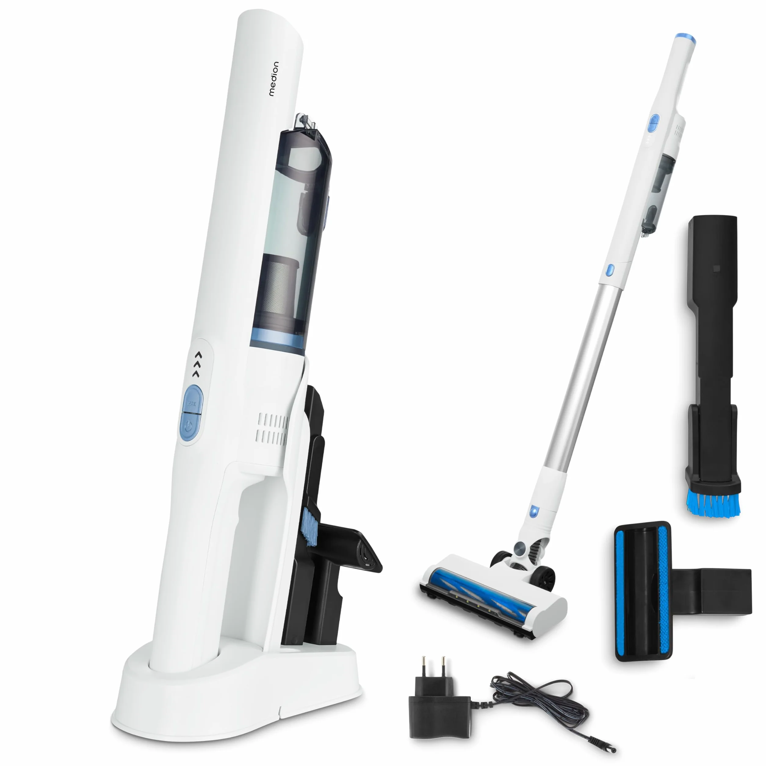 MEDION Aspiradora de Mano 2en1 con Tubo y Cepillo para Suelos (Motor BLDC, Filtro HEPA 13, filtrado de Polvo y alérgenos, Potencia de succión 20 kPa, batería, Base de Carga, sin Cables, MD11515)