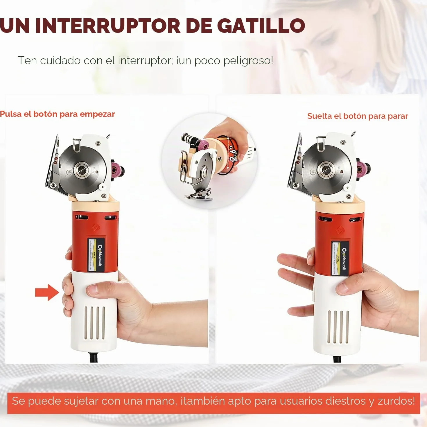 CGOLDENWALL YJ-65 Cortador de Tela Eléctrico con 22mm de Espesor Máx. de Corte, Tamaño de la Cuchilla 65mm, con Función de Afilado Automático, Ideal para Cortar Textil/Cuero/Alfombra