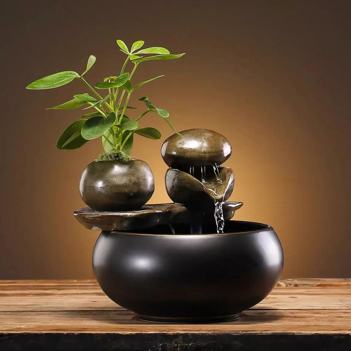 Fuente de mesa de cerámica con elemento de agua de piedra – Fuente de mesa negra brillante con diseño natural, decoración de oficina silenciosa para relajarse en casa y oficina'