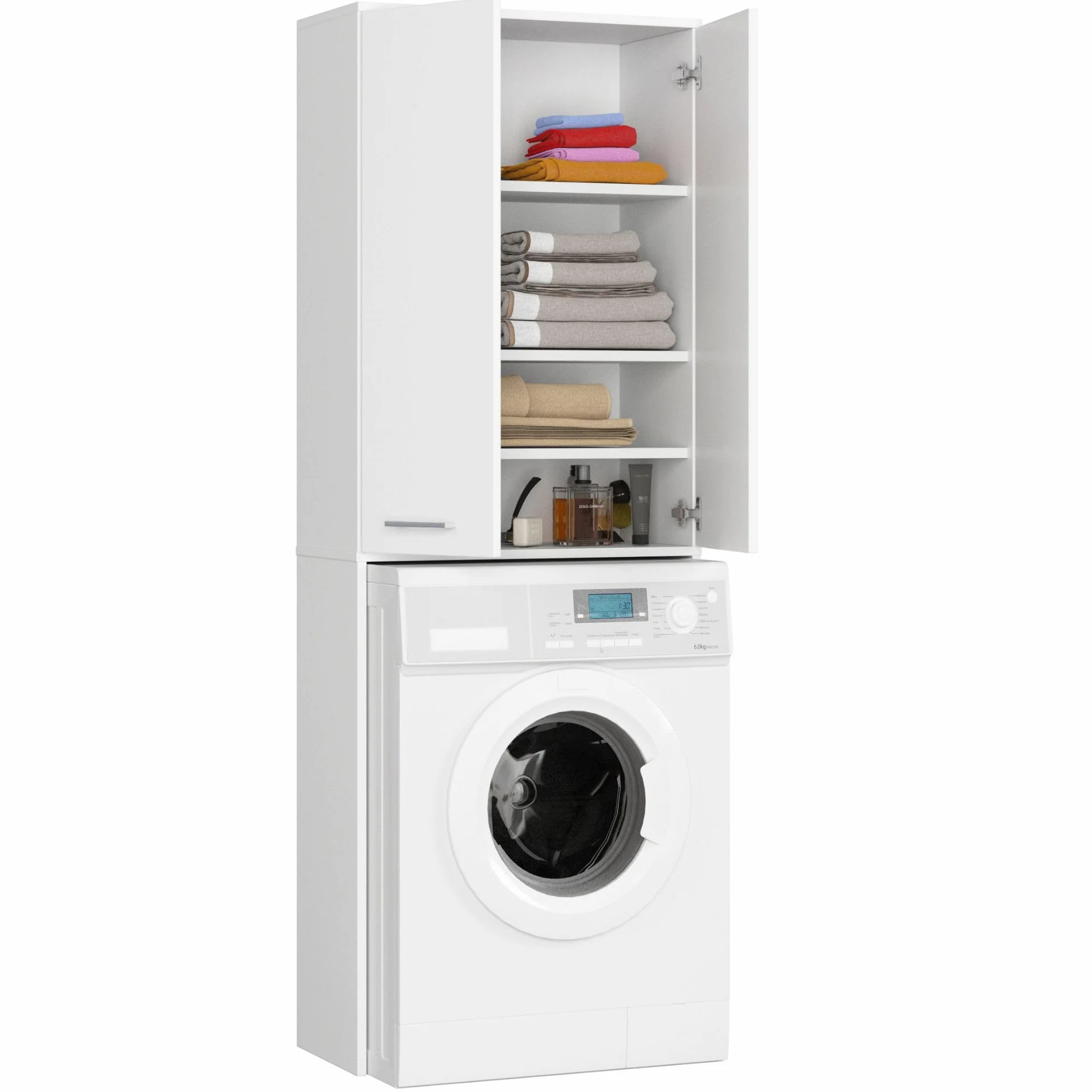 AKORD | Columna de Pared para empotrar Lavadora | Mueble Alto con 2 Puertas | Mueble contenedor de baño | CajoNero para Lavadora | 64x180x30 cm | Peso 30 kg | Blanco
