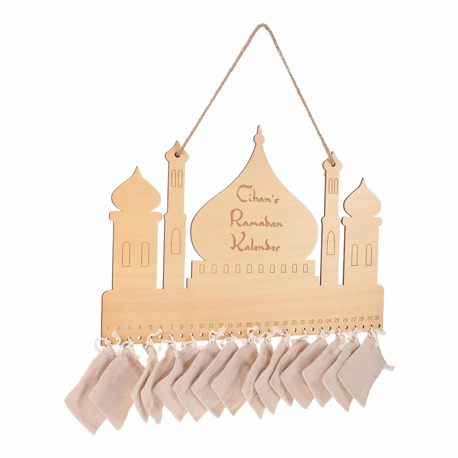 Calendario de Adviento de Ramadán 2026 de Madera con 30 Bolsillos Colgante para Pared, Decoración Islámica Familias, Calendario de Cuenta Regresiva Eid Mubarak