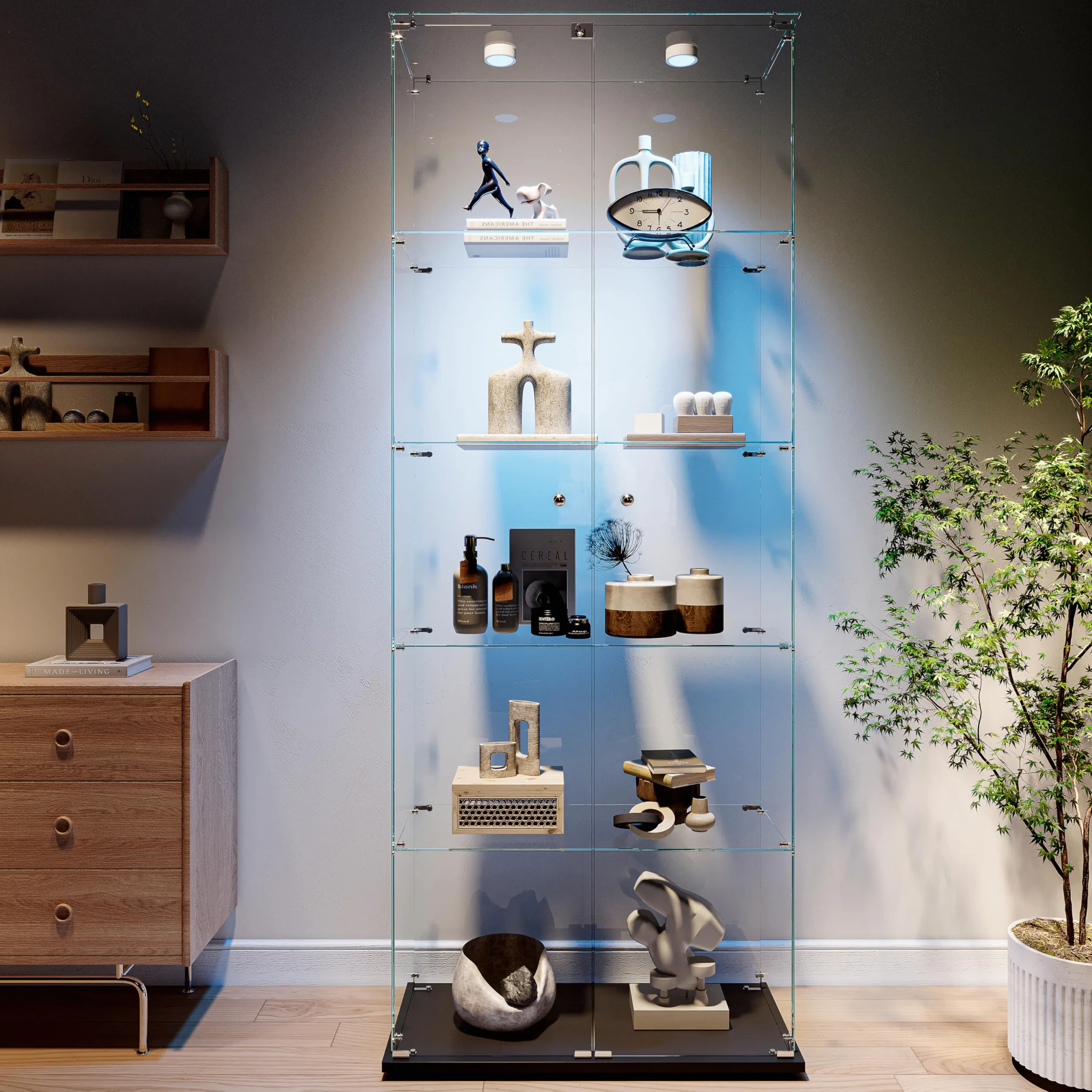 Vitrina de cristal con 2 puertas 5 estantería, mueble vitrina de cristal LED con cerradura, armario de cristal, vitrina de cristal con portavitrinas a pie para colecciónescaparate columna