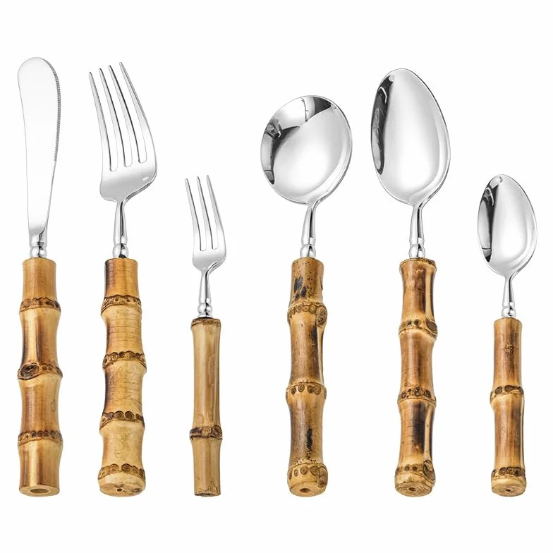 Este Juego de Cubiertos Silverware, 6/24/36/48/60/72 Piezas, de bambú Natural, Acero Inoxidable 304, Incluye Cuchillo para Carne, Tenedor, Cuchara, Cuchara Redonda, Tenedor de Postre y vajil
