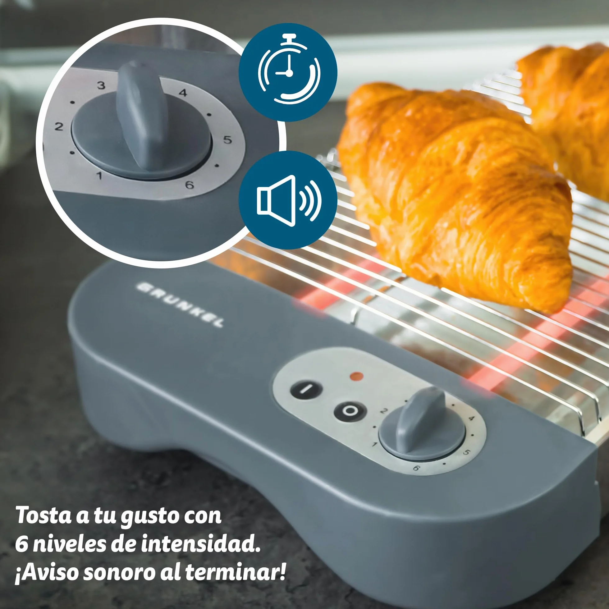 Grunkel Tostadora de pan plana 4 rebanadas 600W 6 niveles temporizador señal acústica bandeja recogemigas extraíble