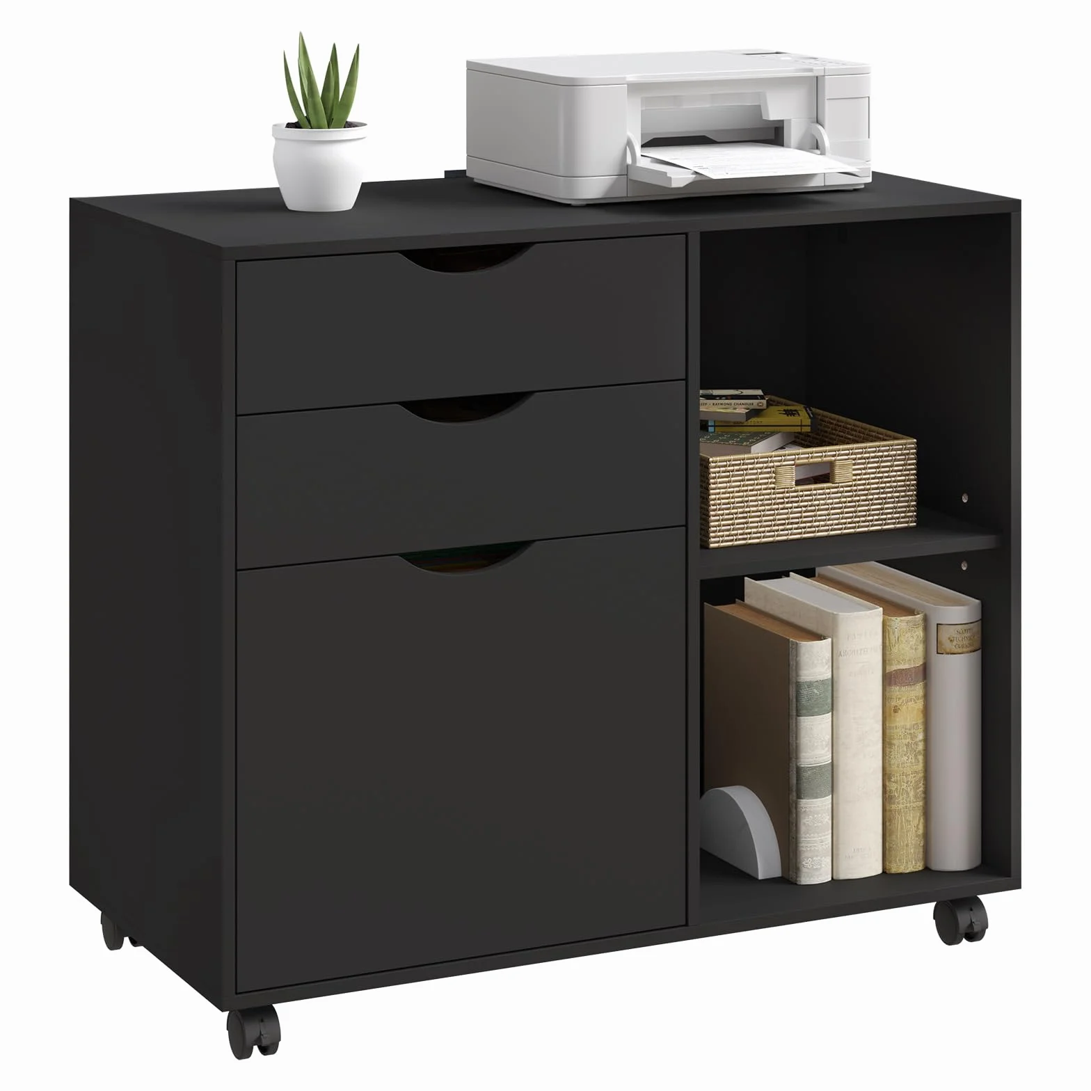 WOLTU Archivador Móvil, Cajonera de 3 Cajones y 2 Estantes Abiertos, con 5 Ruedas y Barra Colgante, Armario de Oficina para Carpetas y A4, 80x39,5x69,5 cm, Negro