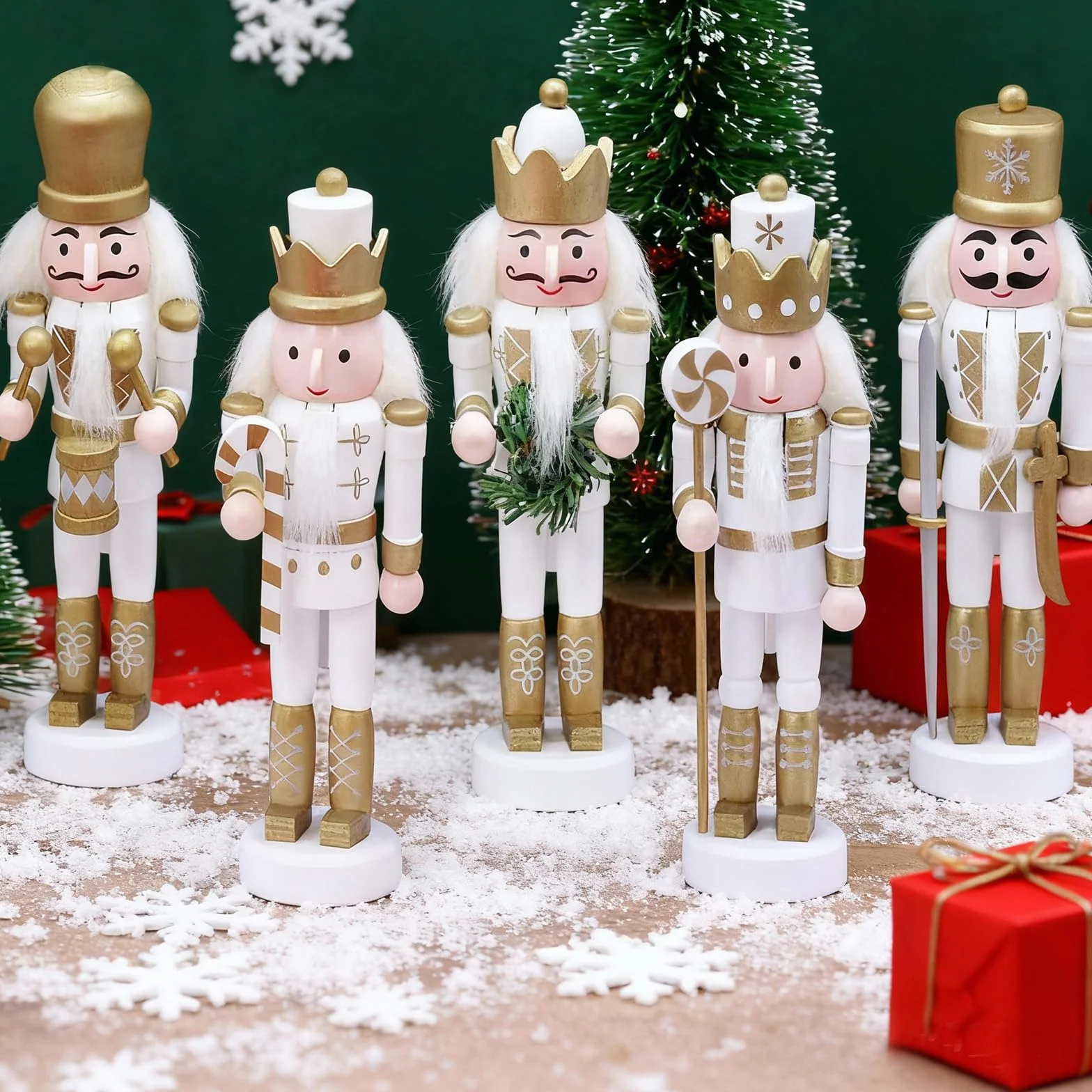 Mini Muñeco Títere Colgante Soldado Rompecabezas Navideño Madera Dorada 13 cm, Decoraciones Navideñas