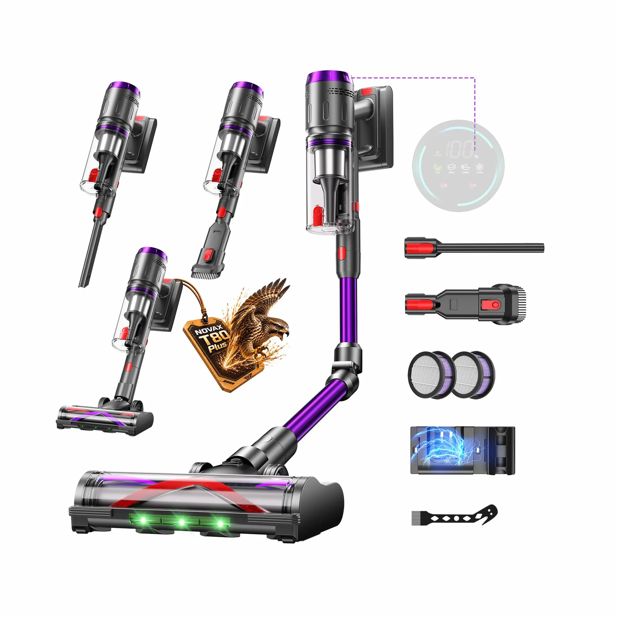 Aspiradora Sin Cable 58000Pa/600W/75Min, Escoba Aspiradora sin Cable de 1.6L, Pantalla Táctil LED Inteligente, Aspirador Inalámbrico Antienredo, Ideal para Suelos, Alfombras y Pelo de Mascotas