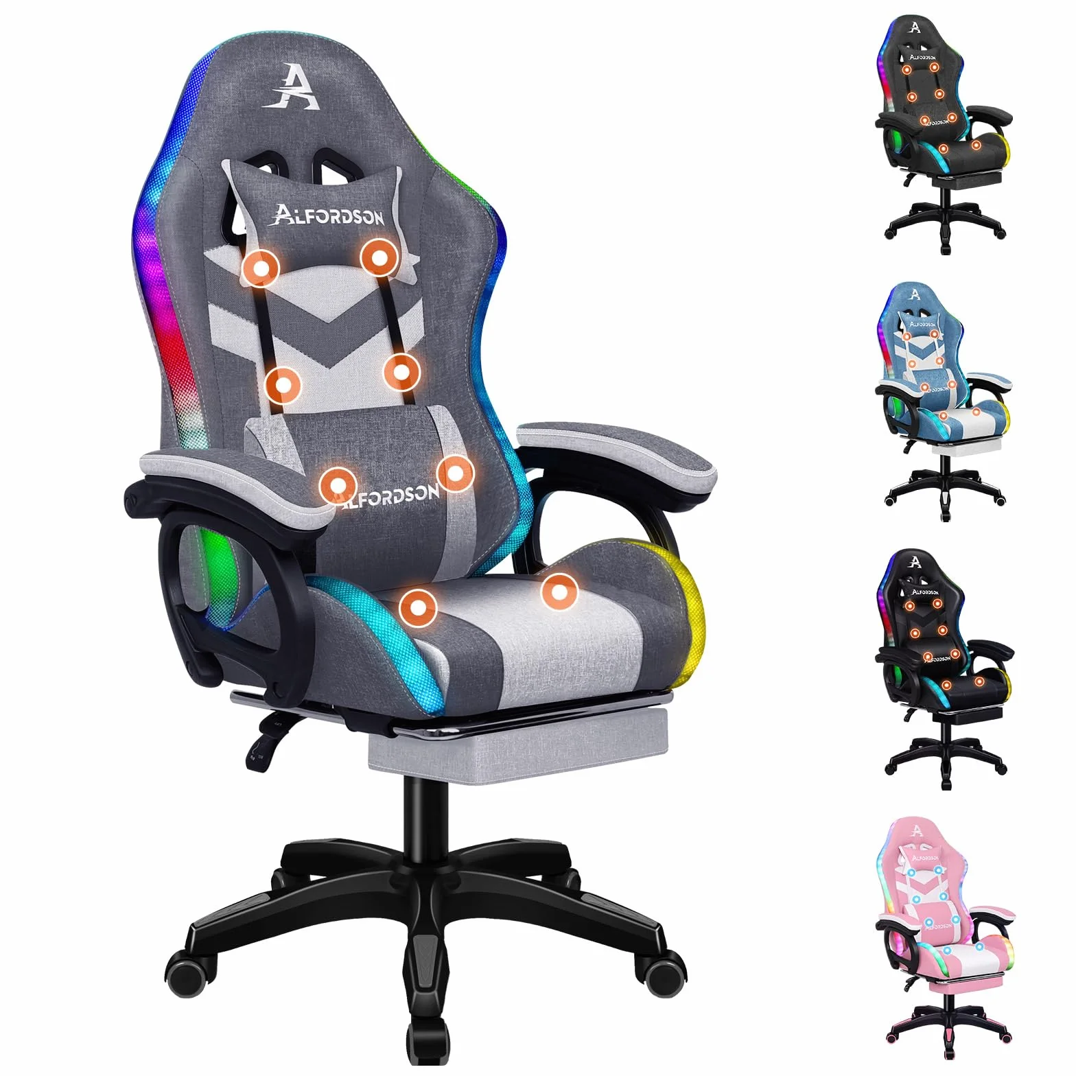 ALFORDSON Silla Gaming con Masaje y LED, Silla Gamer Ergonómica con Cojín Lumbar y Cervical, Reposapiés Telescópico, Iluminación para Ordenador, Videojuego, Juegos, Oficina, Lino(Gris con Splicing)