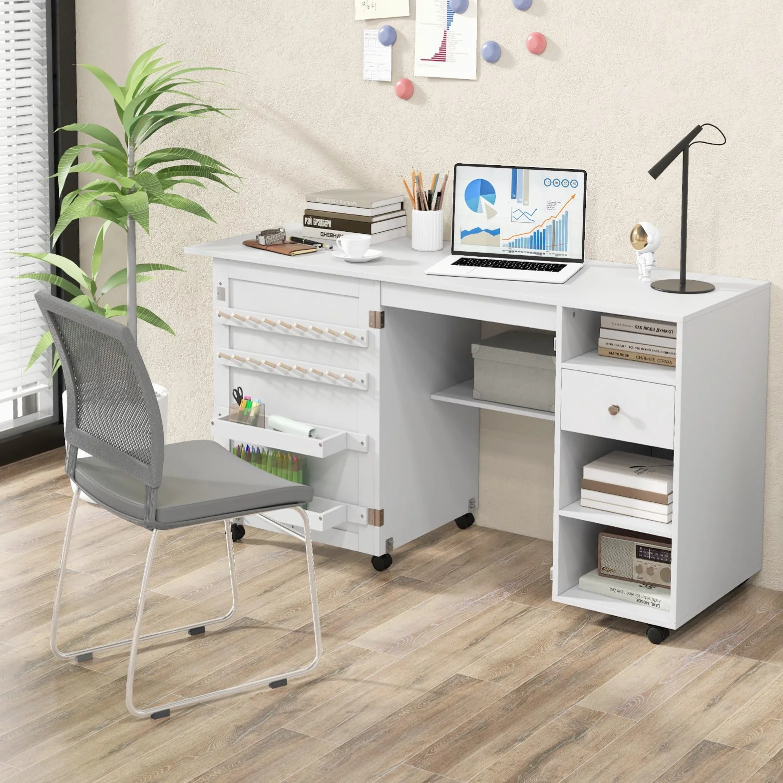 GIANTEX Armario de Costura Plegable con 6 Ruedas, Mesa de Coser con Estantes, Cajón y Soportes para Carretes de Hilo, Mesa Multiusos 2 en 1 para Dormitorio, Salón y Estudio, Blanco