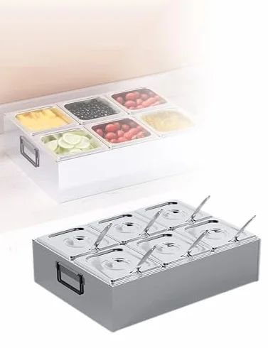 Dispensador de especias de acero inoxidable con tapa, bandeja de un solo compartimento, estante de condimentos de doble fila para mermeladas y condimentos, ideal para tiendas de té con leche