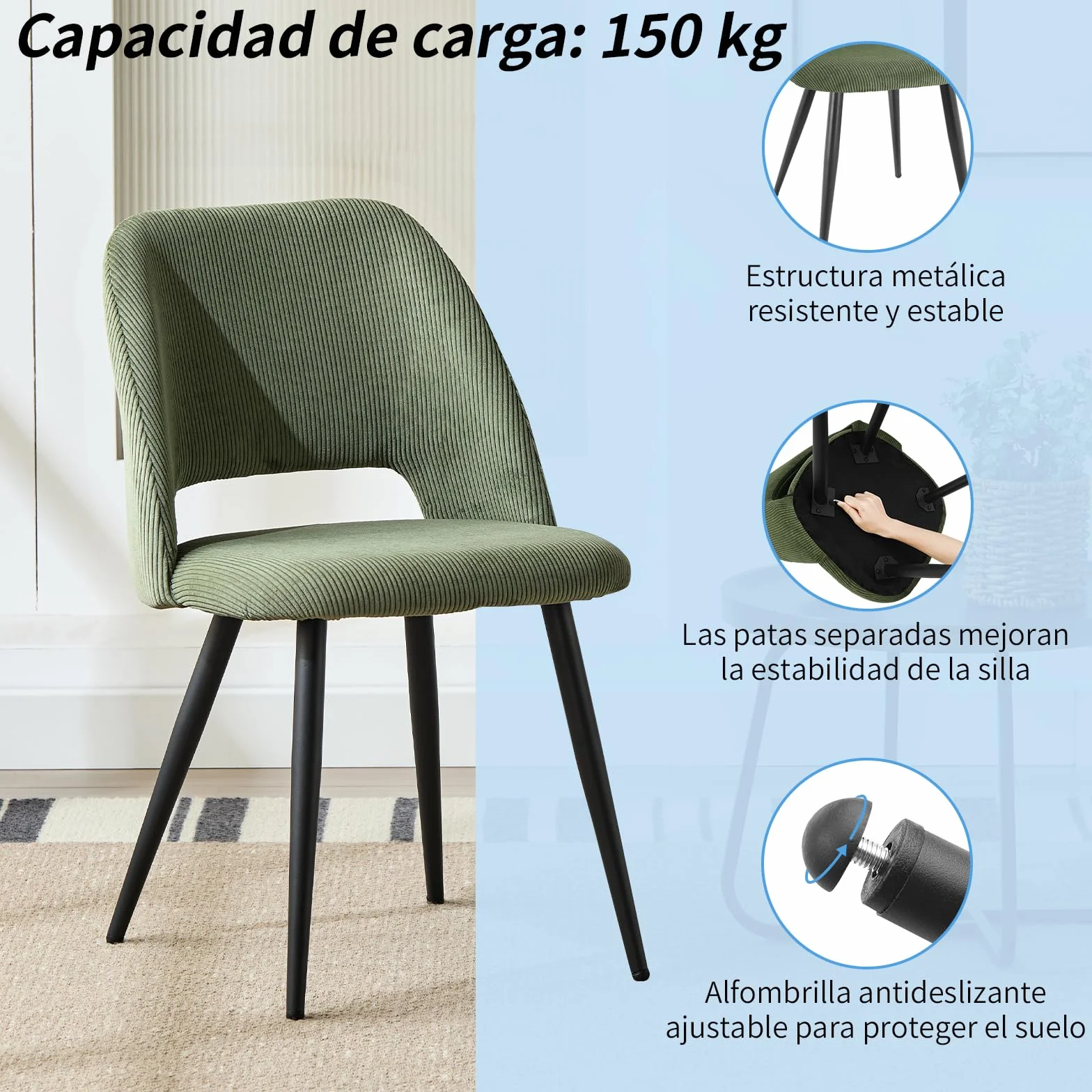 JIJIAN Pack de 6 Sillas de Comedor, Silla de Cocina, Silla de Salón, Sillas de Terciopelo a Rayas con Respaldos Recortados, Tapizadas para Comedor, Cocina, Dormitorio, Recepción, Verde