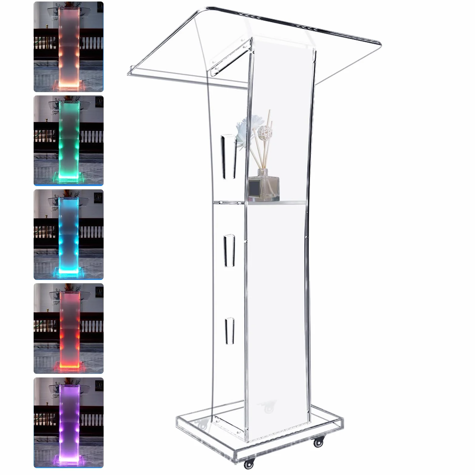 Afitdon Podio acrílico, Atril de acrílico Transparente con Ruedas y Estante de Almacenamiento, púlpito de la Iglesia con luz LED de 15 Colores, Soporte de podio para Iglesia, Conferencia, Boda
