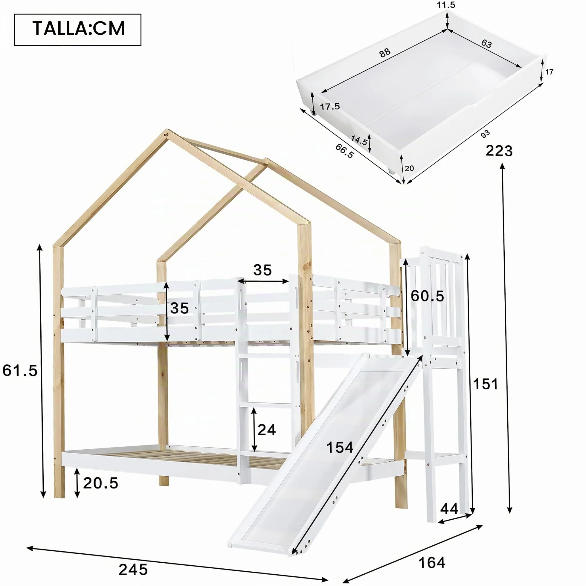 Litera con tobogán y escalera angular de tres niveles, cama con protección contra caídas, cuna, marco de cama de madera maciza, color blanco y natural, 90 x 200 cm (con 2 cajones)