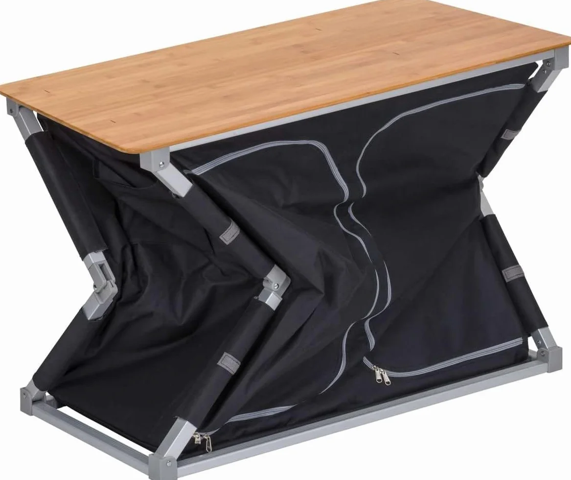 Berger Deluxe | Mueble de Cocina de Camping, Cocina Plegable con Encimera de Bambú, Armario de Almacenamiento con 4 Compartimentos, Protector de Viento y Bolsa de Transporte, Estructura de Aluminio