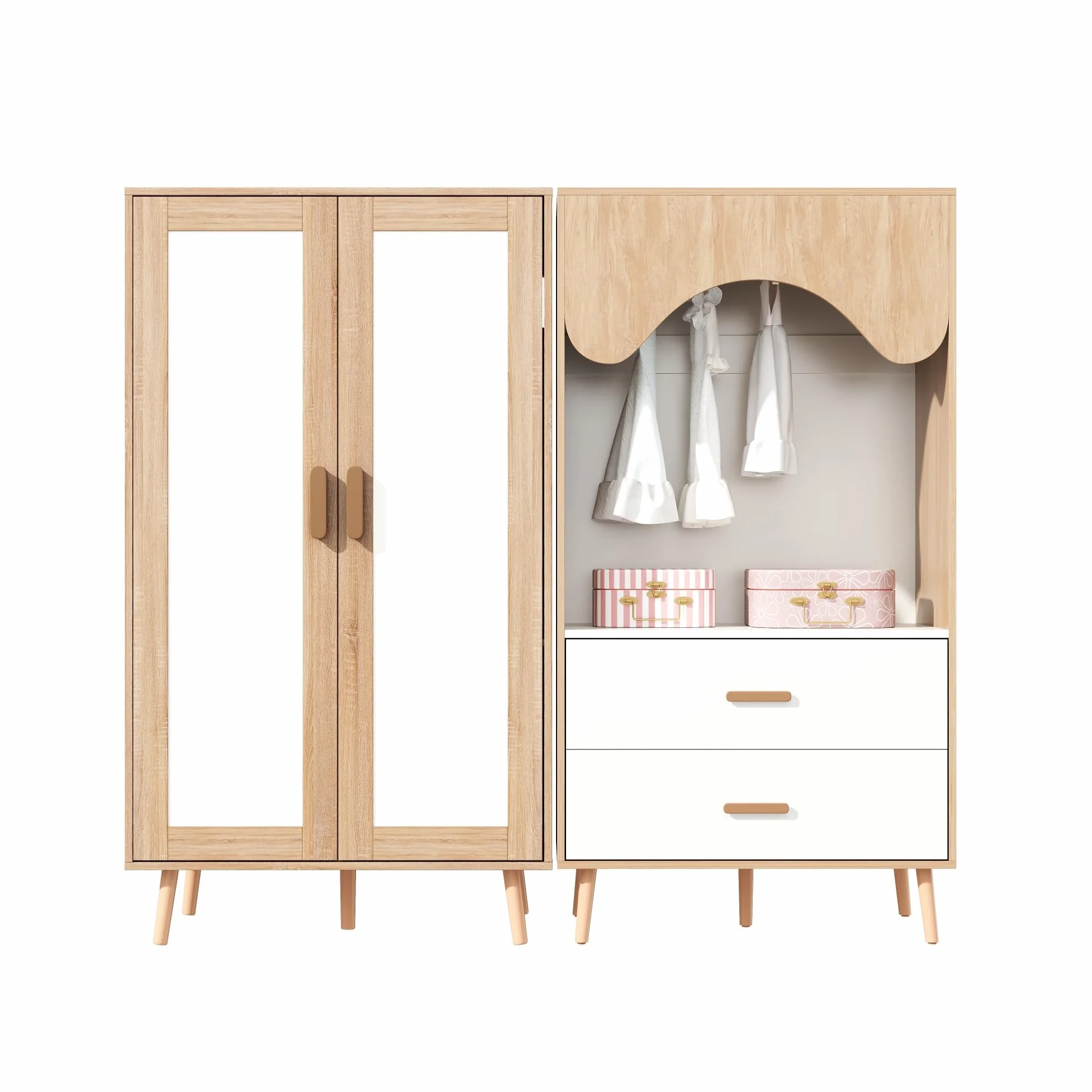 Armario infantil, juego con armario de dos puertas y abierto, para dormitorio, con barra para colgar y cajones, en color blanco y madera, 160 x 46 x 141,5 cm, Natural+Blanco