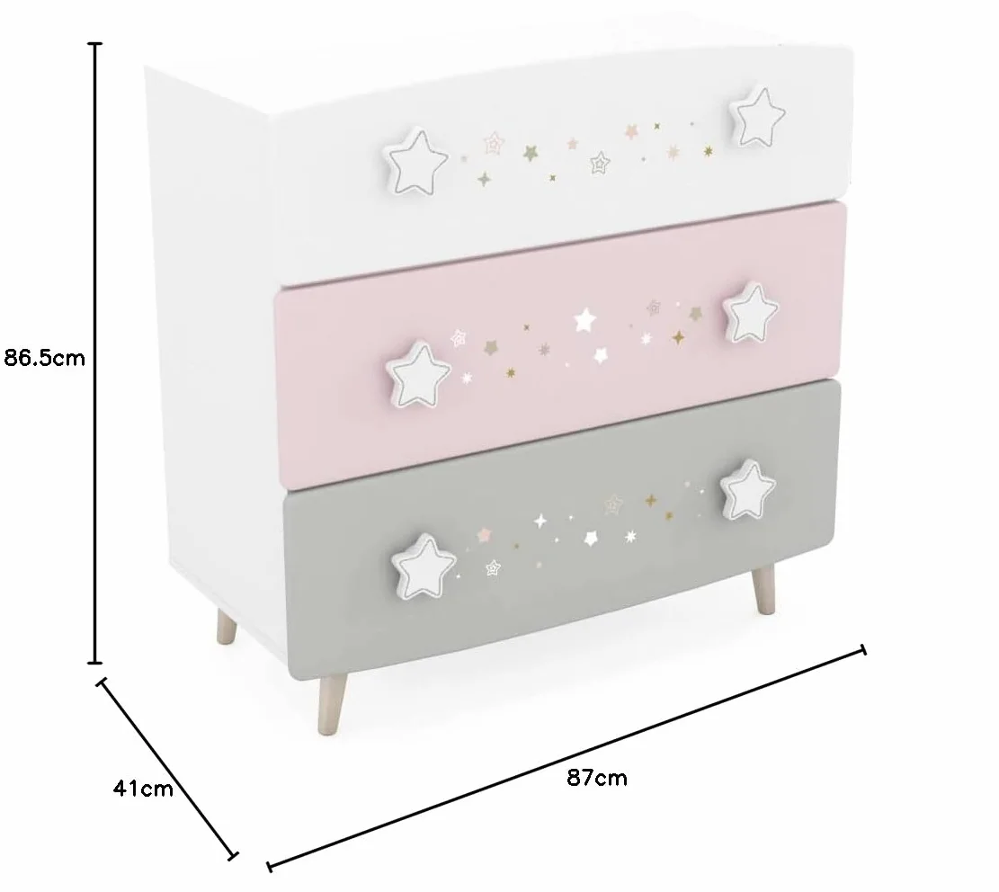 Befara CÓMODA Infantil Cosmos, Blanco Mate/Gris/Rosa, 87 x 41 x 86,5 cm, Comoda Infantil Rosa Gris