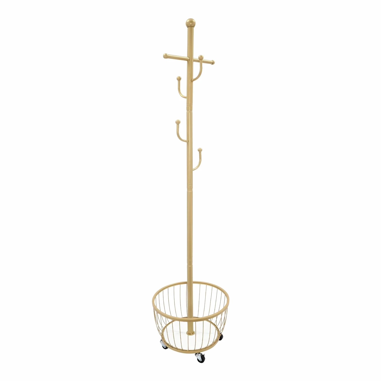 Perchero de entrada con cesta de almacenamiento, perchero de pie con rueda móvil para dormitorio, lavandería, entrada, color dorado