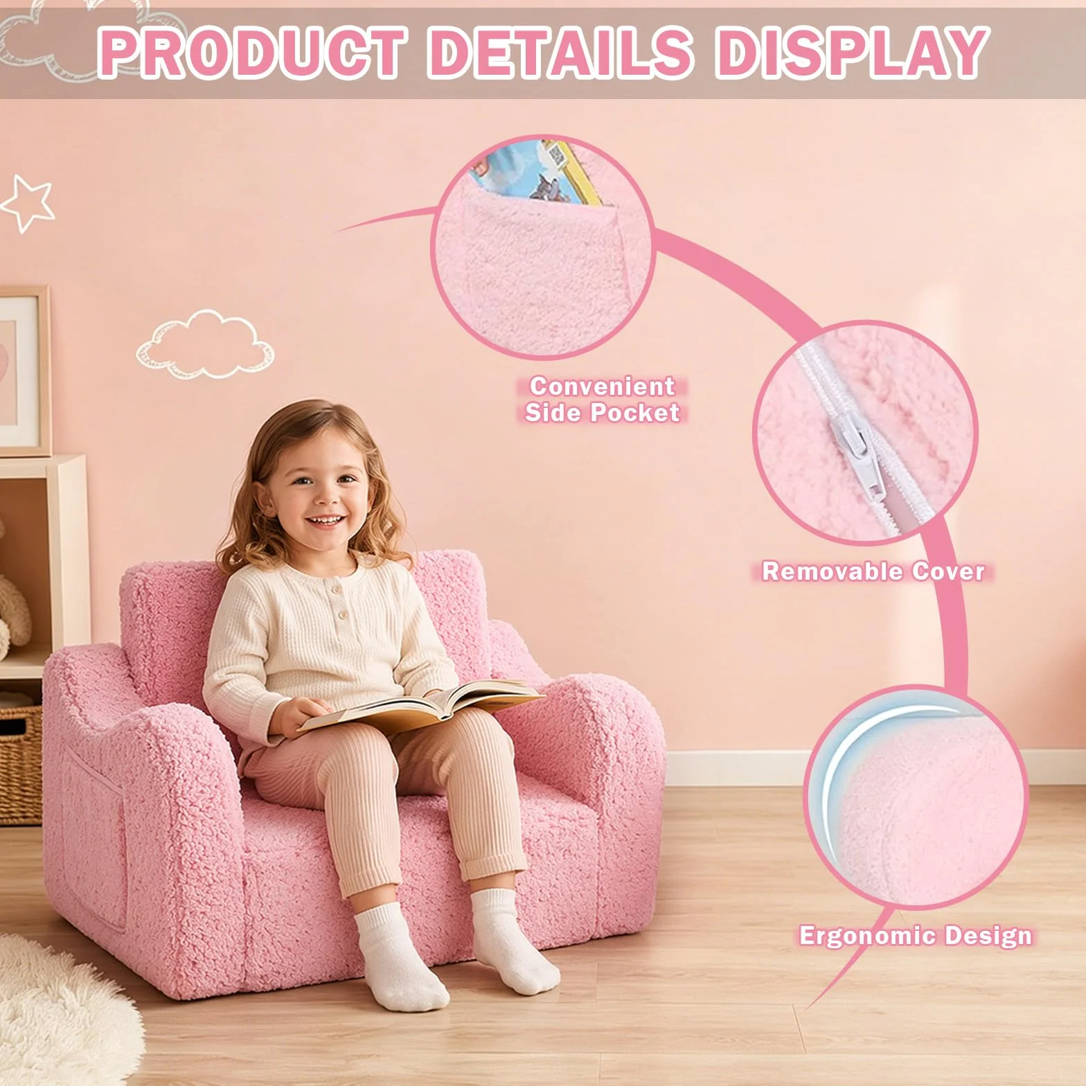 MeYuxg 3 en 1 Sofa Infantil, Sillon Bebe para Niños y Niñas, Sillón Convertible y Cama Plegable, Mini Sofá, Regalo del Niño y Cumpleaños, Rosa