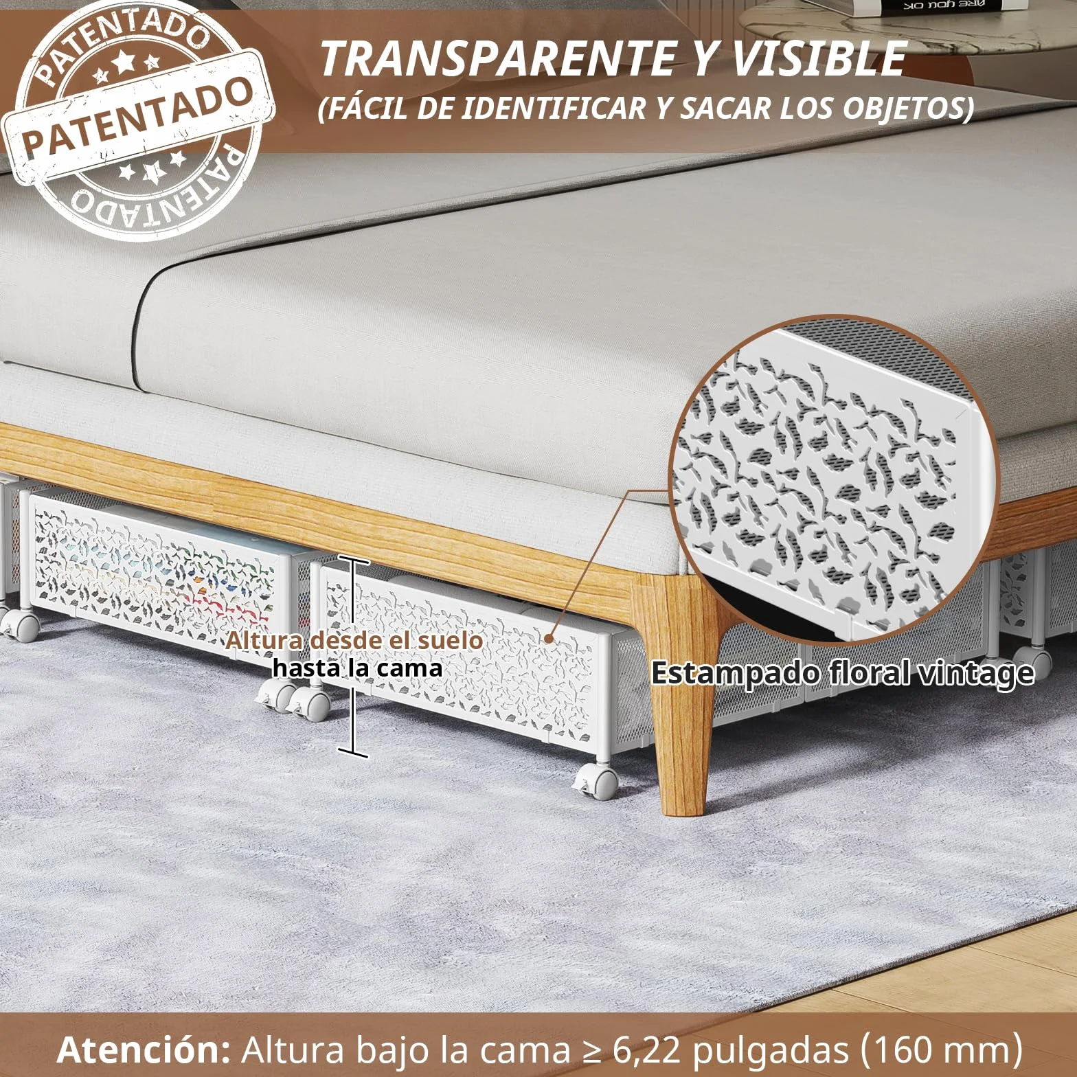 PHINOX Almacenamiento debajo de la cama con ruedas, organizador de zapatos para dormitorio