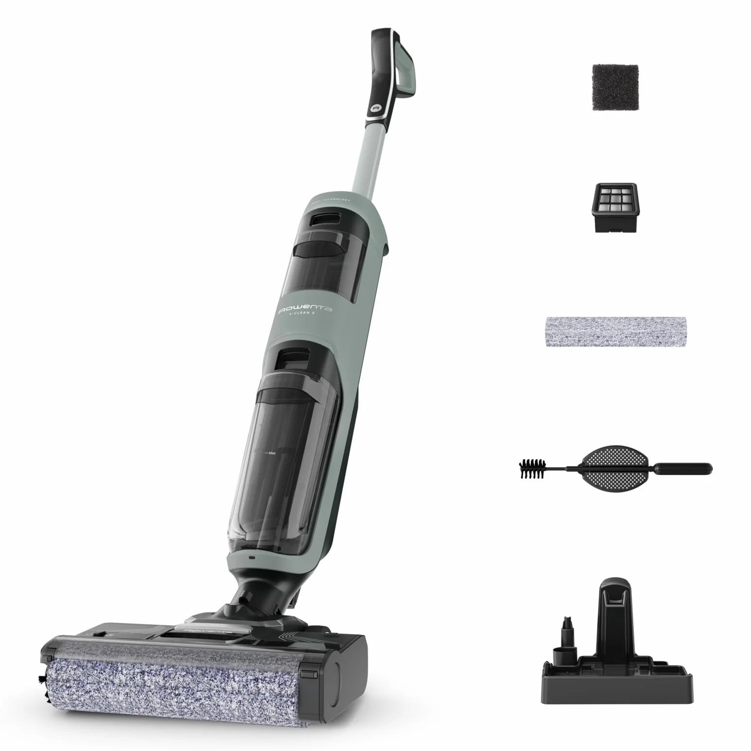 Rowenta X-Clean 2, Aspiradora Fregona Eléctrica Sin Cable, Tecnología Wet & Dry, Autolimpieza, Aspira y friega, Modos Eco/MAX, Ligera, Limpieza de Bordes, Verde Eucalipto, GZ2262E0